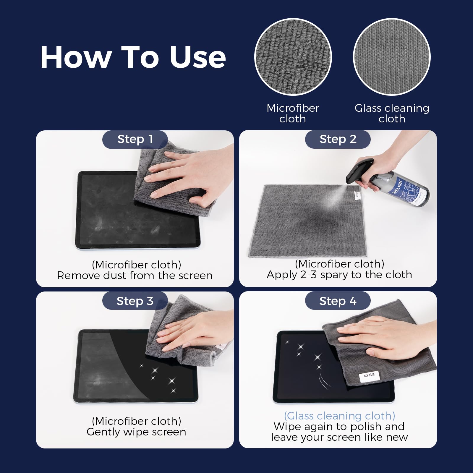 WELKIN Kit de spray limpiador de pantalla (18 onzas + 2 onzas) – niebla de limpieza para TV, laptop, computadora, pantalla táctil de teléfono – 2 pulverizadores, 1 paño de microfibra y 1 toallita de