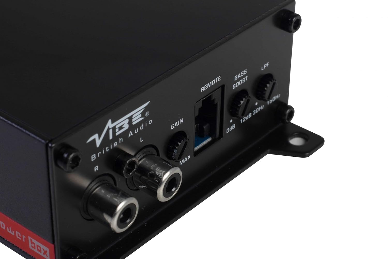 Close-up of Vibe Powerbox Micro Mono Amplifier input and control panel