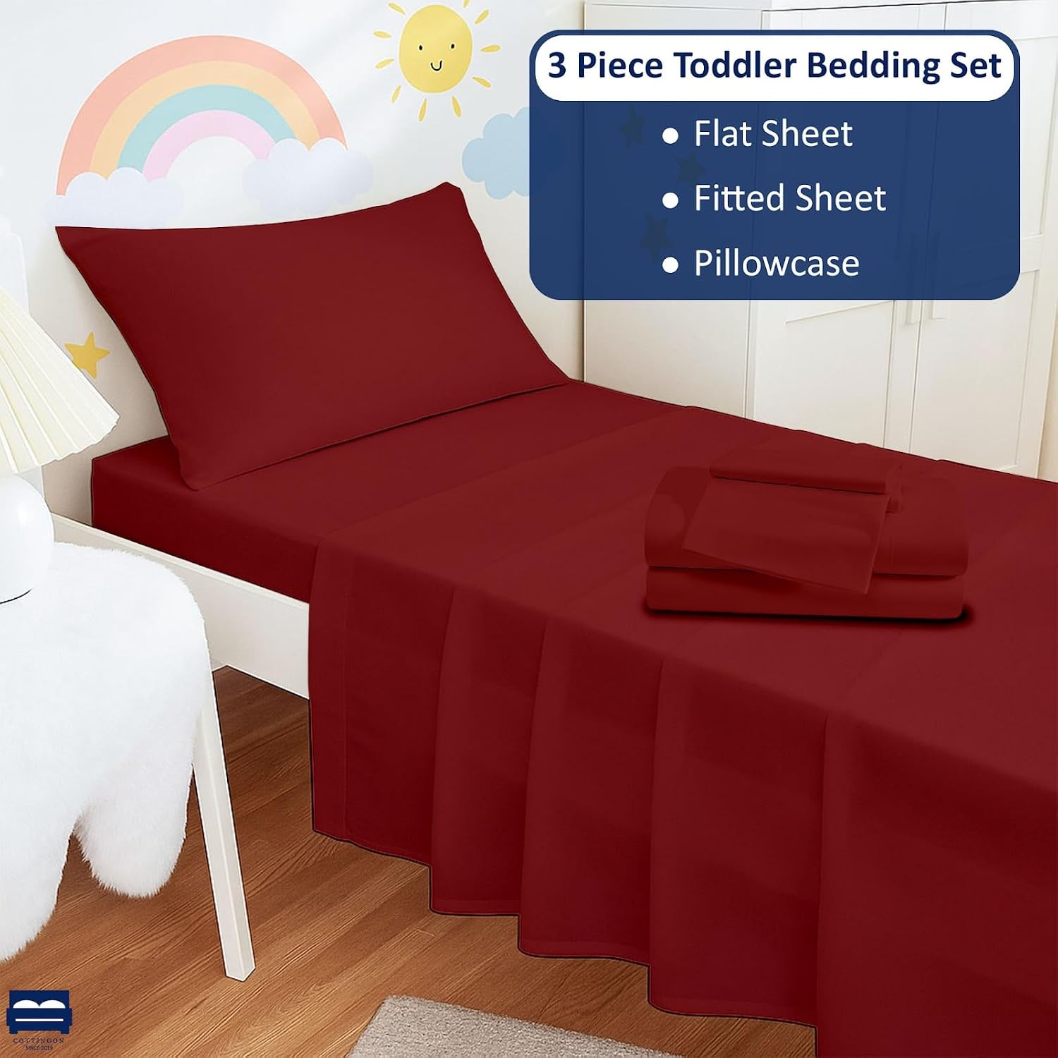 Toddler Sheet Set, Solid Crib Fitted Sheet Flat Sheet and Envelope Pillowcase, Baby Bedding Sheet & Pillowcase Sets-3 Piece Toddler Bedding Set-100%Microfiber(Burgundy)(28 x 52 + 5-8 inches Deep)