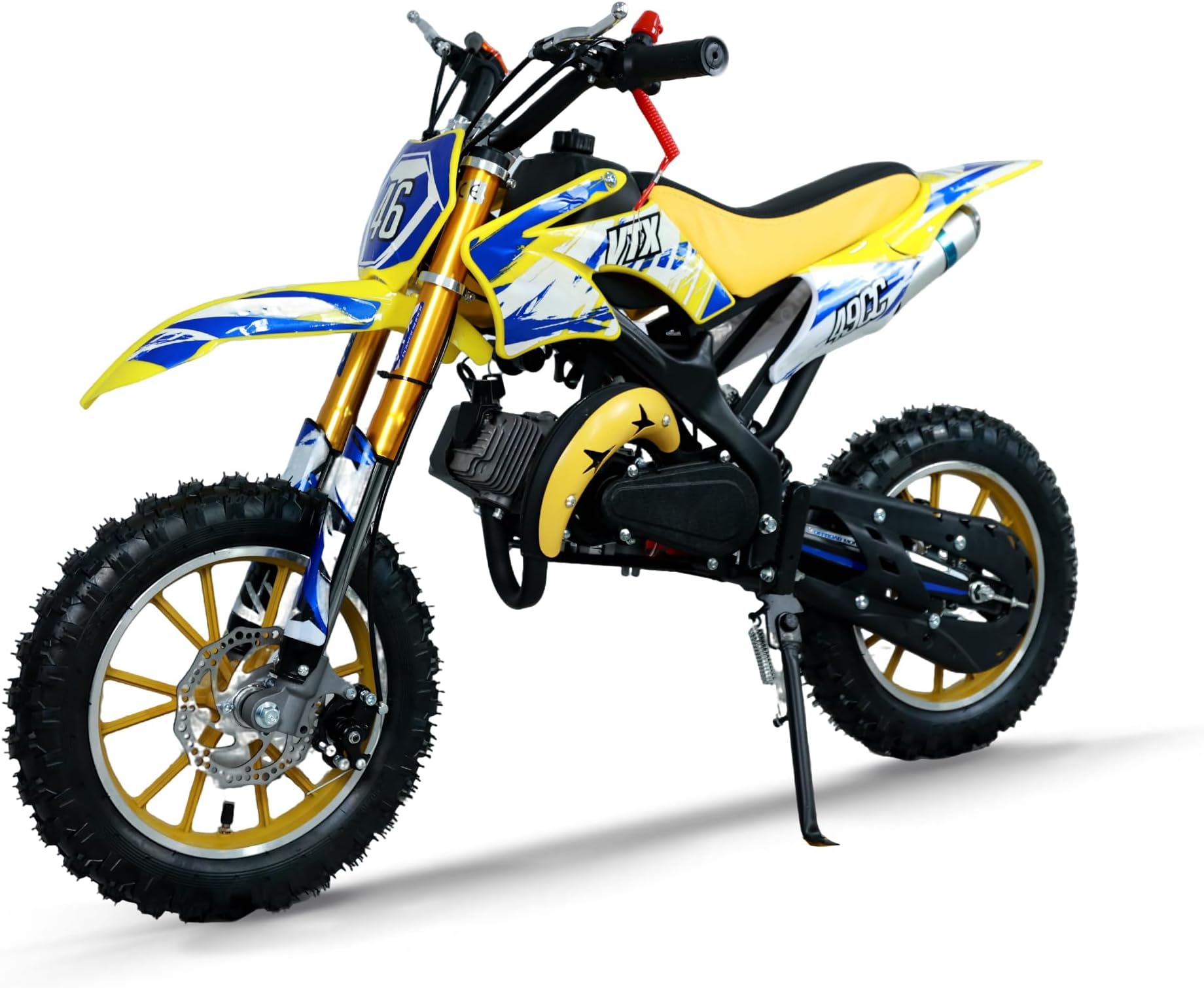 49cc Kids Dirt Bike, 2-Stroke Gas Powered Dirt Bike, Motorcycle with Off-Road Tires, Front/Rear Disc Brakes, Shock Absorption, Soft Seat Cushion, Mini Dirtbike for Kids 8-14, Yellow