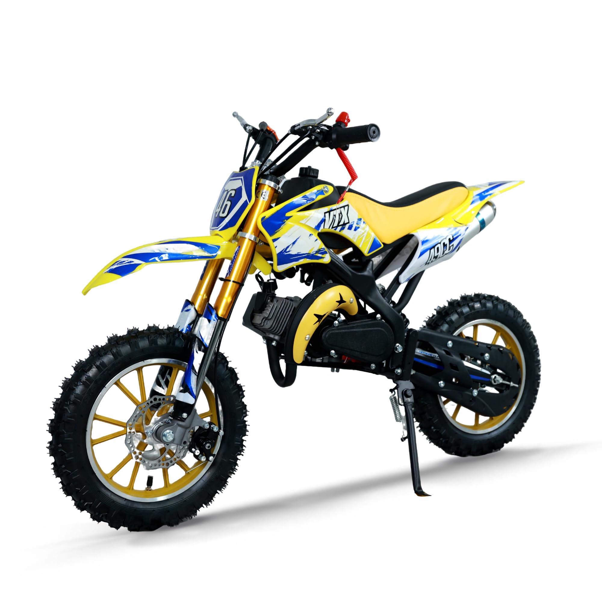 49cc Kids Dirt Bike, 2-Stroke Gas Powered Dirt Bike, Motorcycle with Off-Road Tires, Front/Rear Disc Brakes, Shock Absorption, Soft Seat Cushion, Mini Dirtbike for Kids 8-14, Yellow