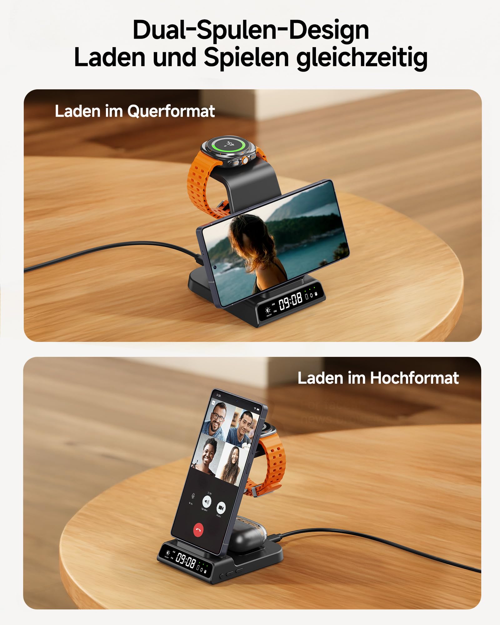 Induktive Ladestation für Samsung S26 Ultra, 3 in 1 Wireless Charger für Galaxy S26+/S25/S24/S23/Z Fold 6/Z Flip 7, Kabelloses Ladegerät für Galaxy Watch 8/Ultra/7/6, Galaxy Buds 3/Pro, Ohne Adapter