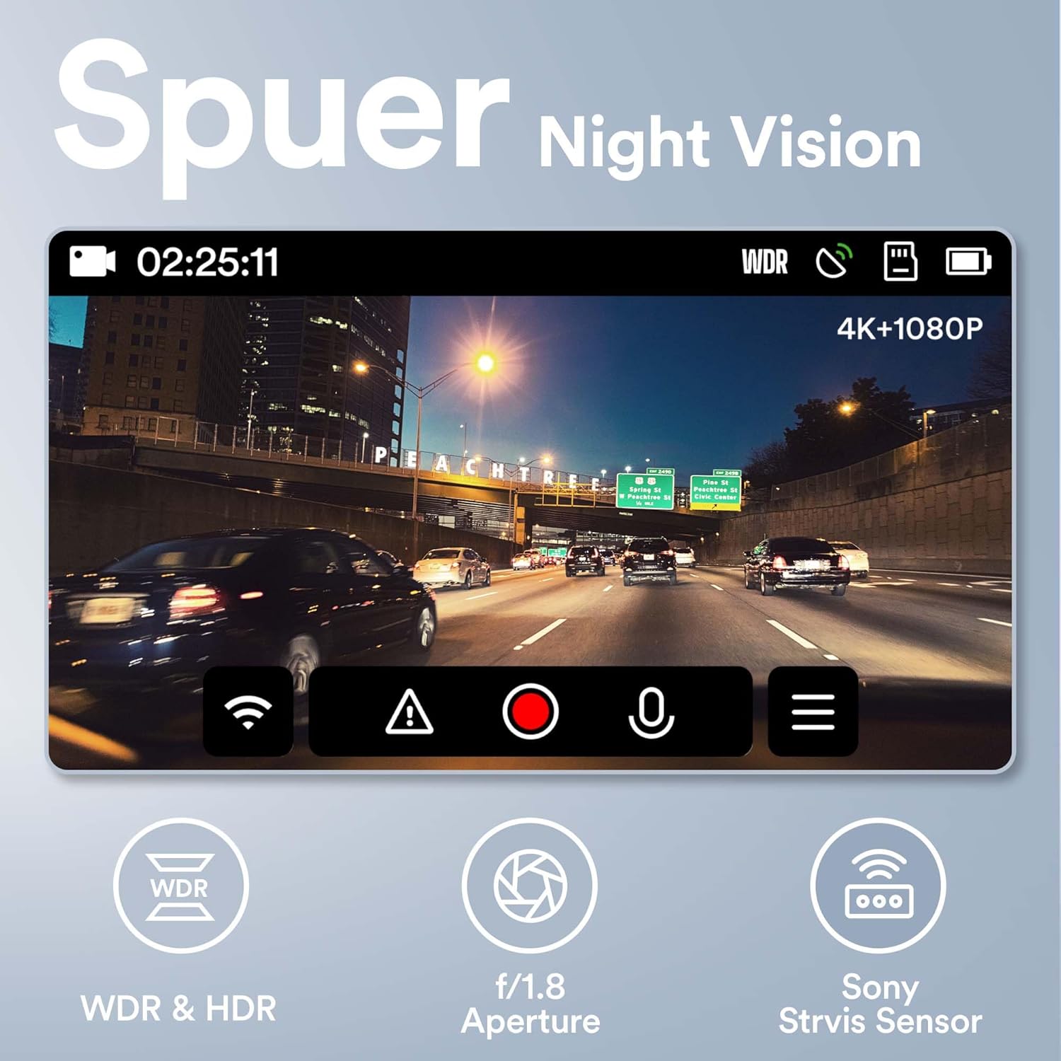 Dash cam screen displaying a clear night-time road view, highlighting features like WDR & HDR, f/1.8 Aperture, and Sony Starvis Sensor for Super Night Vision.