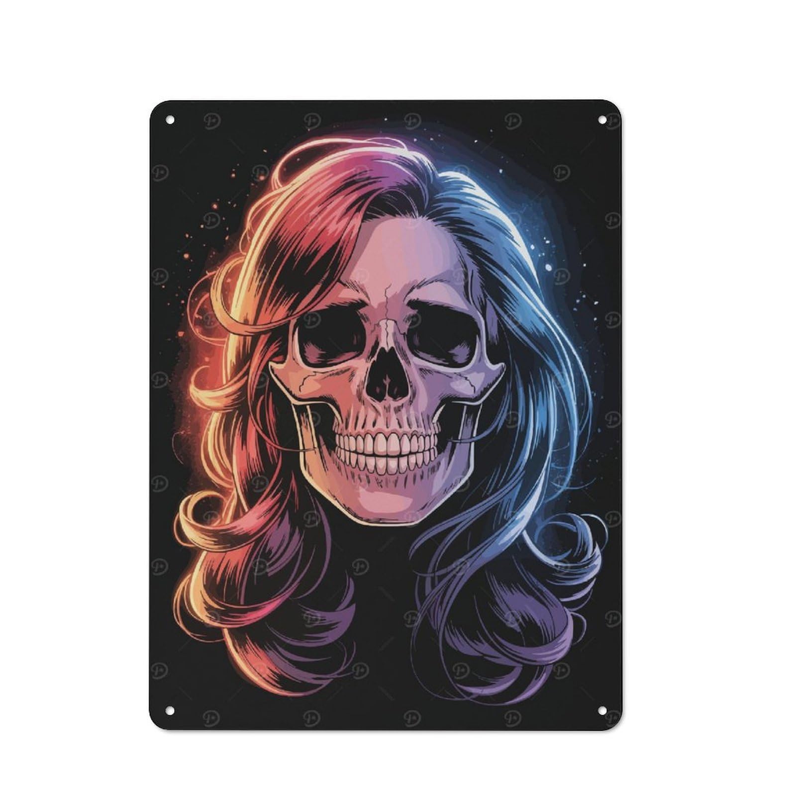 Junmoney Skull With Colorful Hair Illustration Tin Wall Plaque 40X30cm With For Pub Or Café, With Clear Vintage Wall Decor Character
