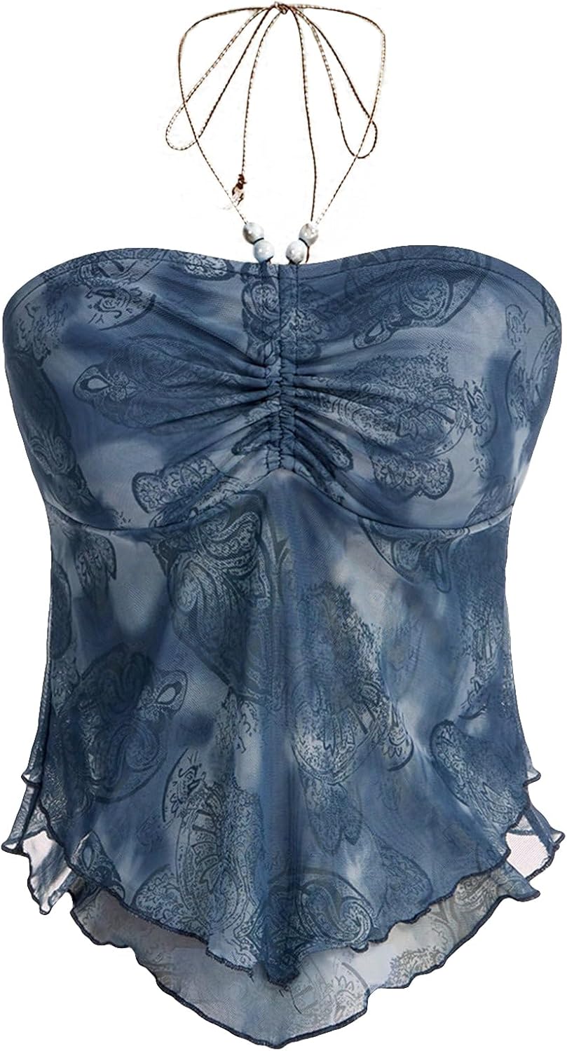 Floerns Women's Beaded Halter Ruched Lettuce Trim Ruched Cami Crop Tube Top