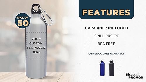 Miniatura 9 de DISCOUNT PROMOS Botellas de agua de aluminio personalizadas con mosquetón de 24 onzas, juego de 10, paquete personalizado a granel, perfectas para