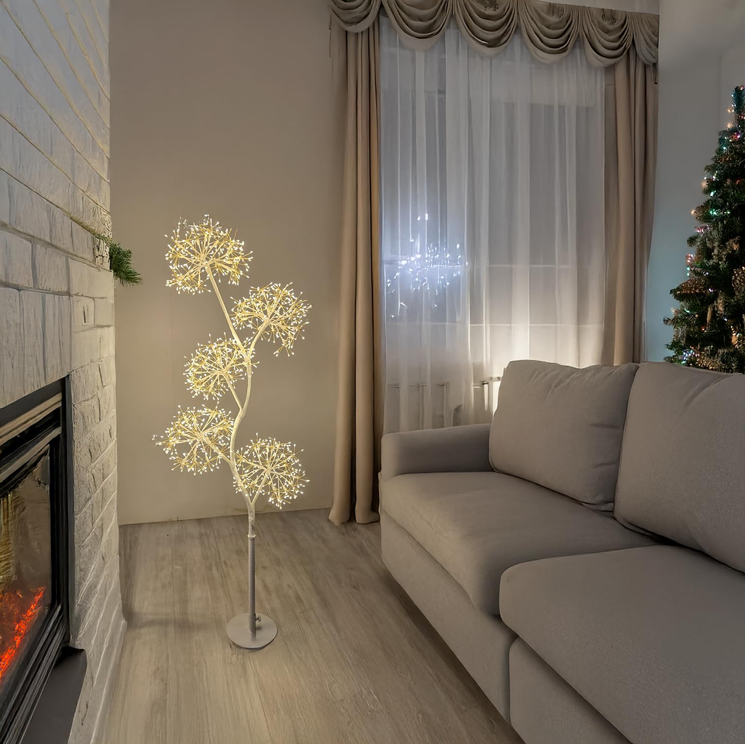 Magie di Natale Ramo di albero 5 sfere RICH con microled bianco caldo per uso interno (Marrone 120 cm)