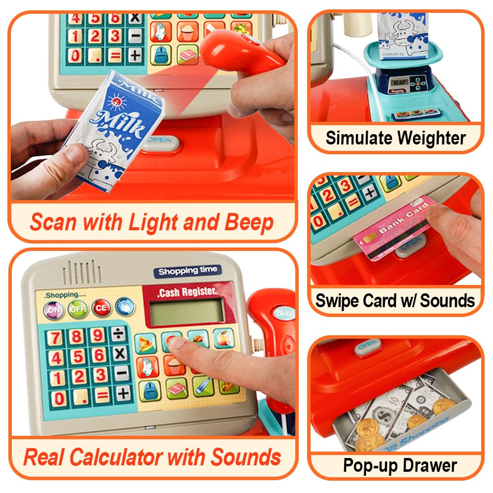 XINGYING Cash Register Toy for Kids, Pretend Play Store w/ Sounds & Real Calculator & Simulate Weighter, Kids Cash Register with Scanner and Credit Card Play Food Money for Boys Girls Ages 3 4 5 6 7+