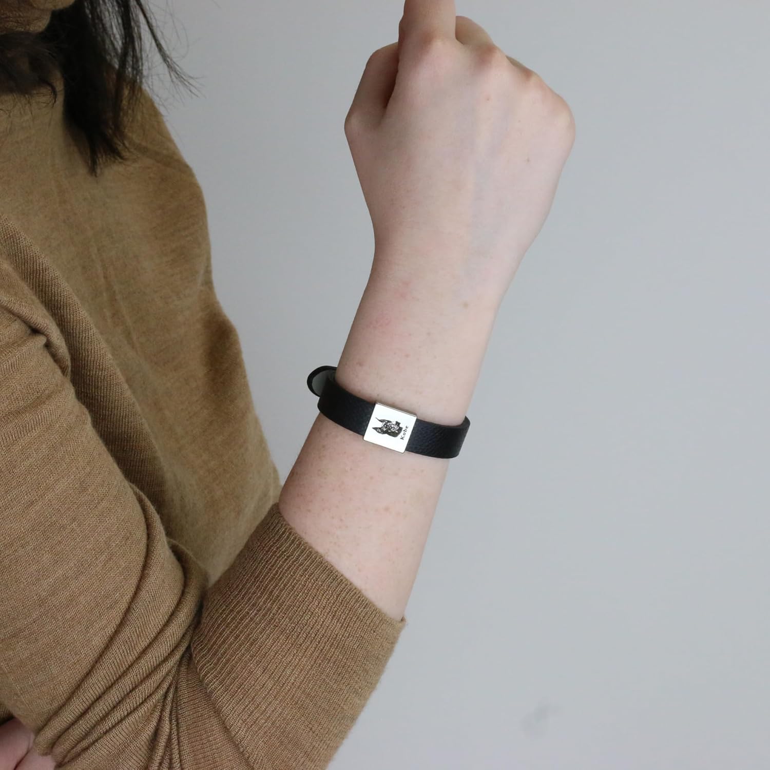 Personalized Pet Gift For Him, Custom Pet Portrait Mens Bracelet, Unique Man Jewelry Gift for Men, Dog Dad, Black Leather, FB-56