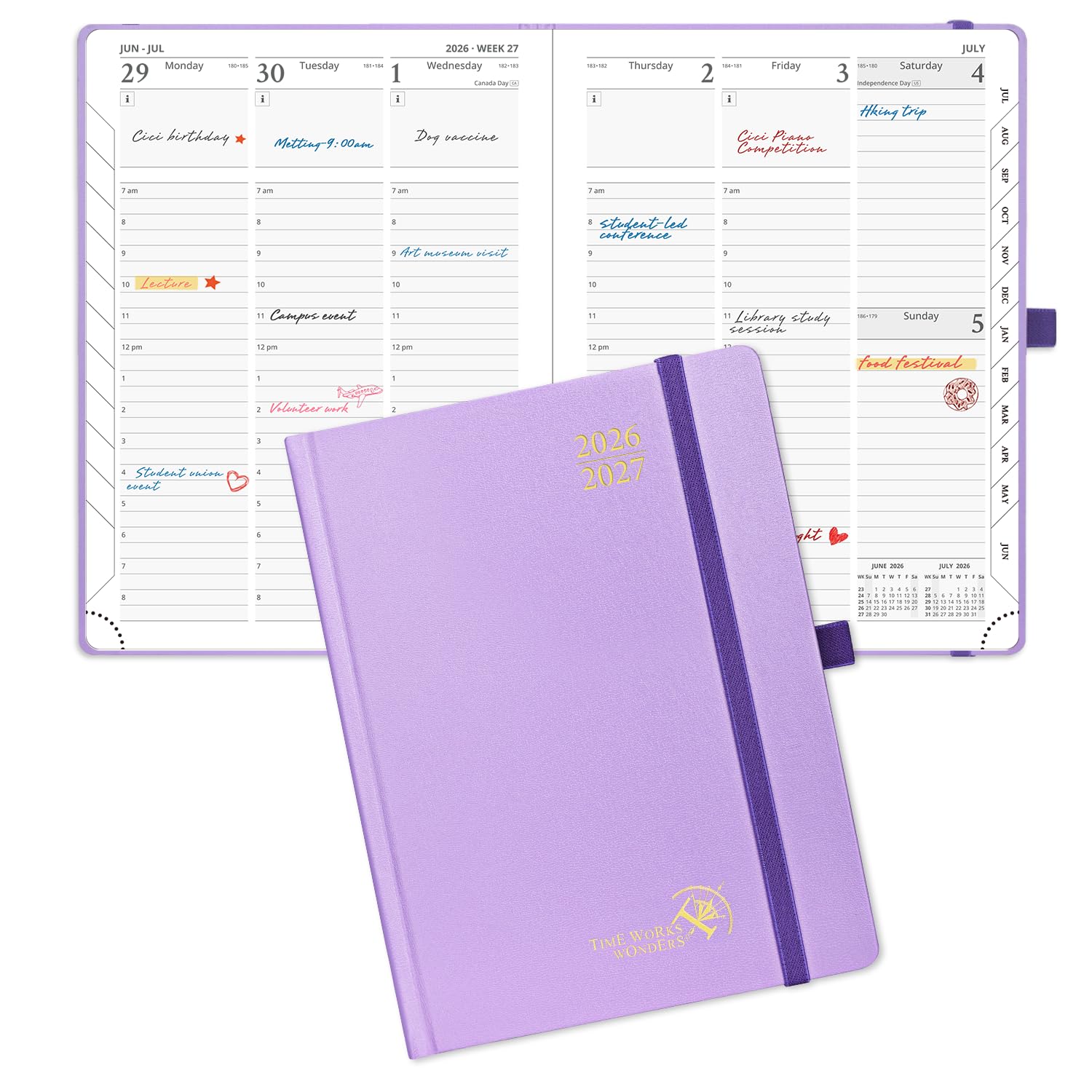 POPRUN 2026-2027 Academic Planner, 6.5" x 8.75", Weekly and Monthly Calendar, July 2026 to June 2027, Hardcover Appointment Book with Verital Layout, Hourly Time Slots, Monthly Tabs - Violet — image 1