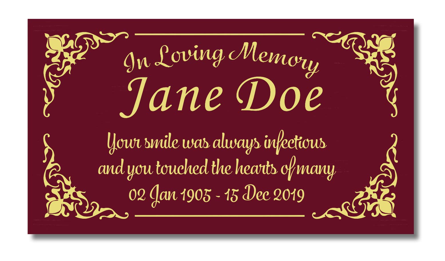 Elegant Engraved Brass Plaque, Memorial Name Plate, Gold Silver Black Maroon Colors, Customize Message for Human and Pets, Made in USA (Maroon Plate/