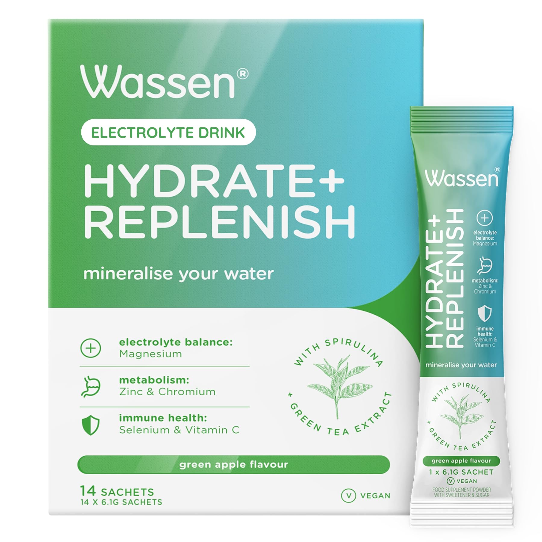 Wassen Hydrate + Replenish Electrolytes Sachets - 14 Sachets | Rehydration Sachets to Rehydrate & Replenish Lost Electrolytes | Spirulina Powder | Magnesium to Maintain Normal Energy Levels