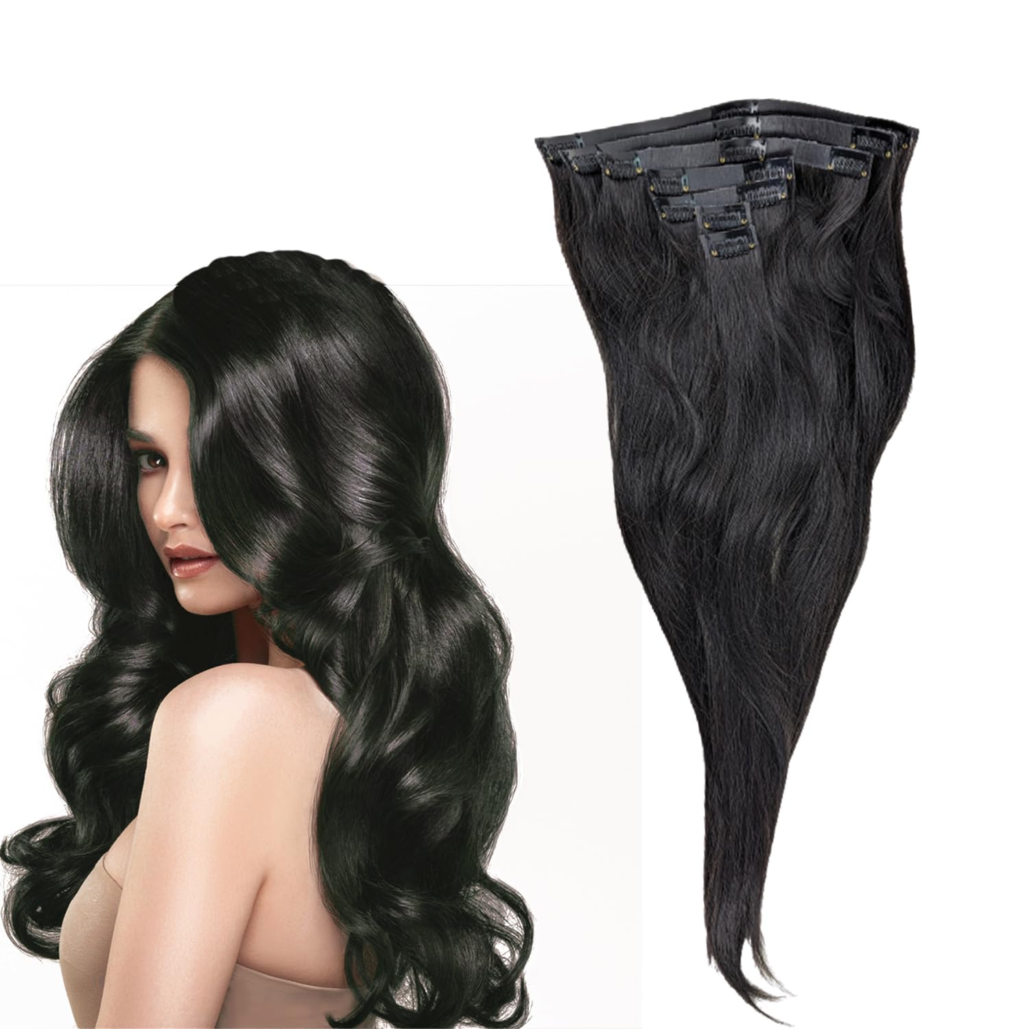 Luxurious Premium Slavic (Russian) 100% Natural Hair Real Human Clip Hair Extension 7 Pcs, 24 Inch, 15 Clips 150g Straight Long Natural Hair, (Black)