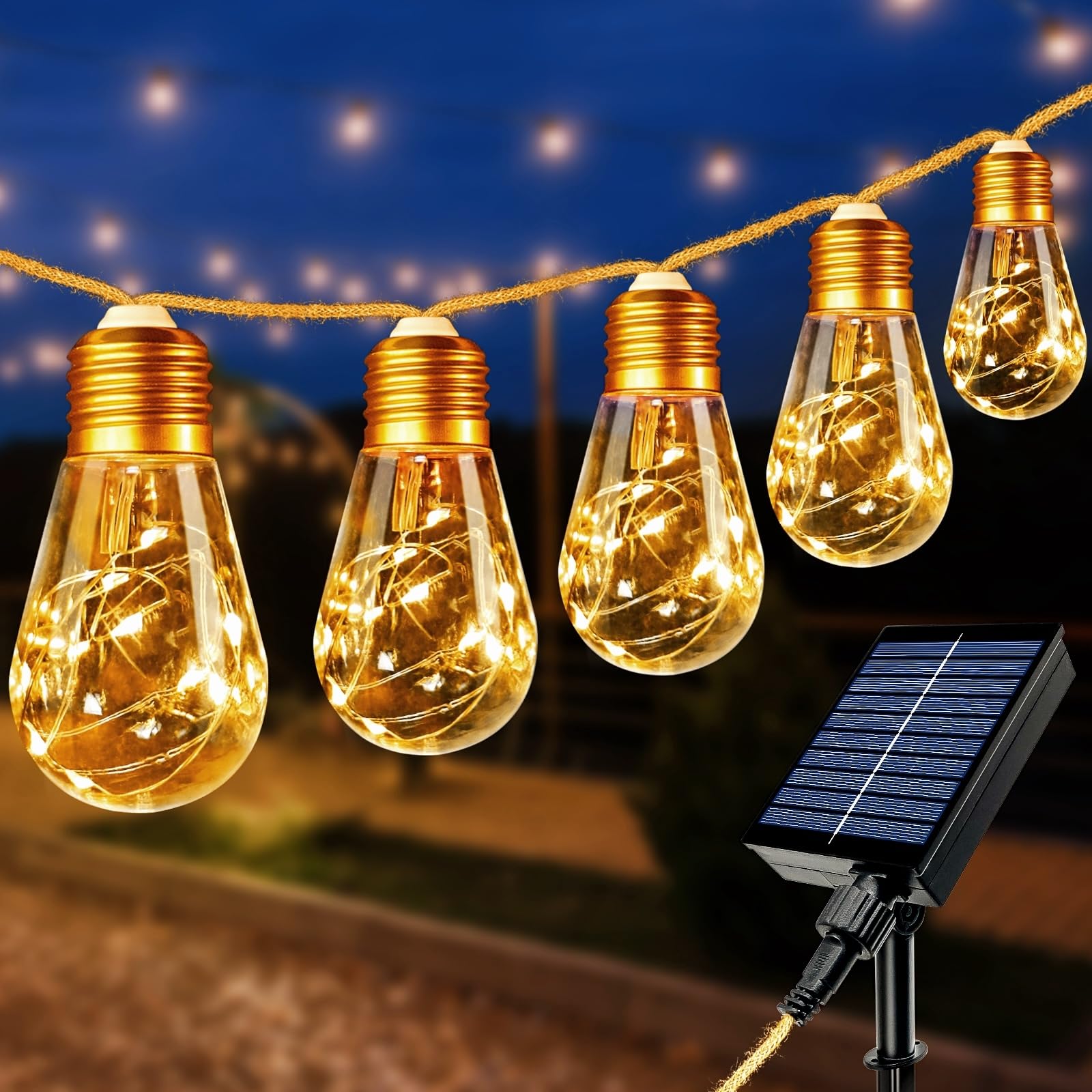 btfarm Guirnaldas Luces Exterior Solar, 8 M 16 Bombillas Luces Solares Led Exterior Jardin, 8 Modos Impermeable Solar luz Cuerda Cáñamo, Luz Terraza para Balcones Patio Boda Fiesta