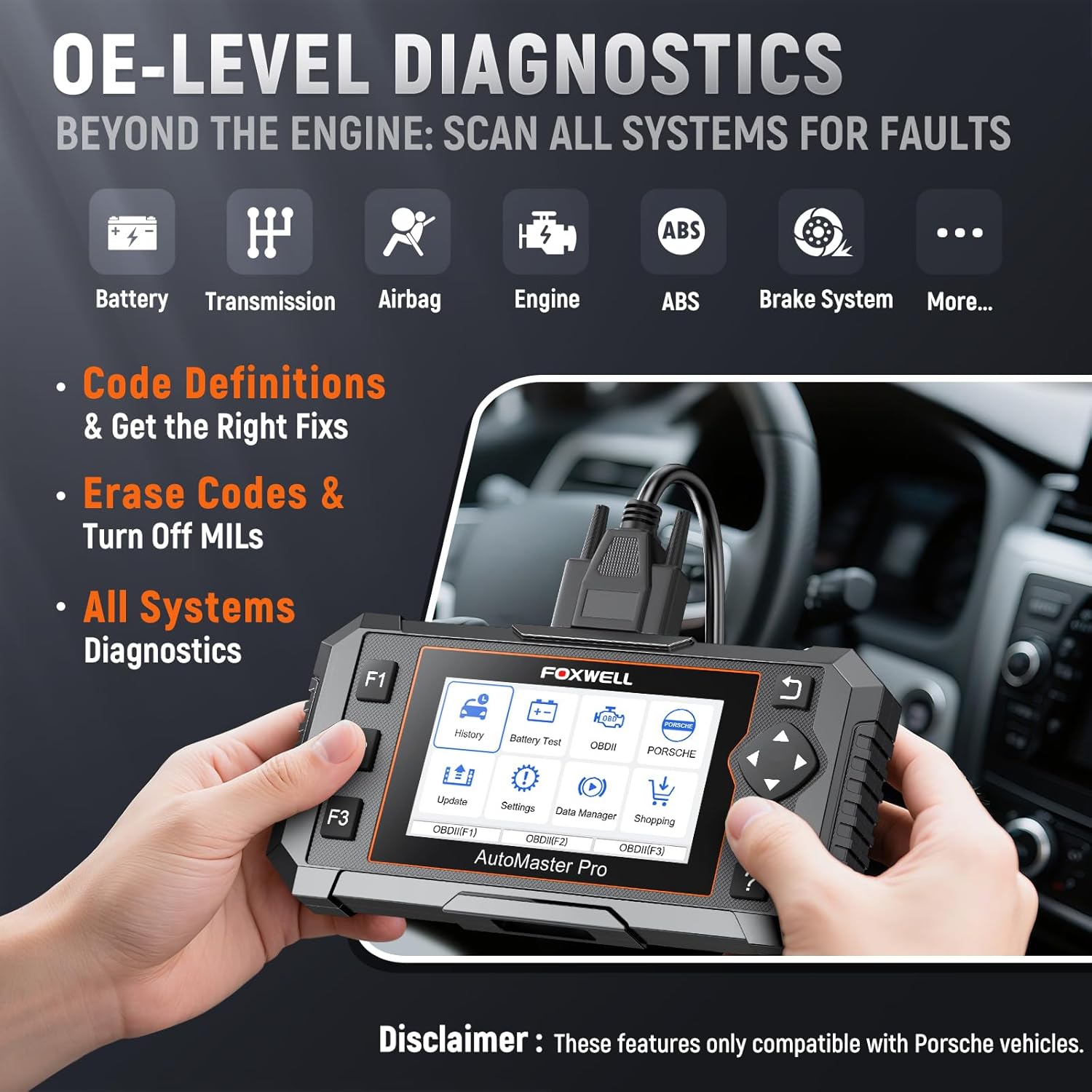 FOXWELL NT510 Pro fit for Porsche OBD2 Scanner with 12V Battery Tester, Full System Diagnostic Bidirectional Control Scanner with All Resets, 12V Battery Health Analyzer with Cranking & Charging Test