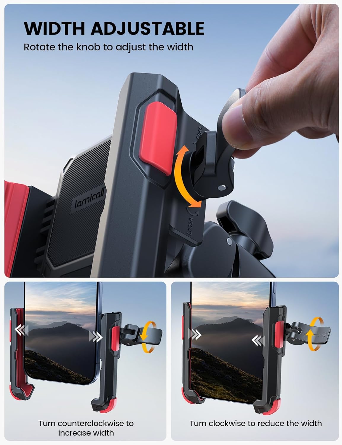 Detailed view of the Lamicall phone mount's adjustable width mechanism, showing how to rotate a knob to expand or reduce the grip.