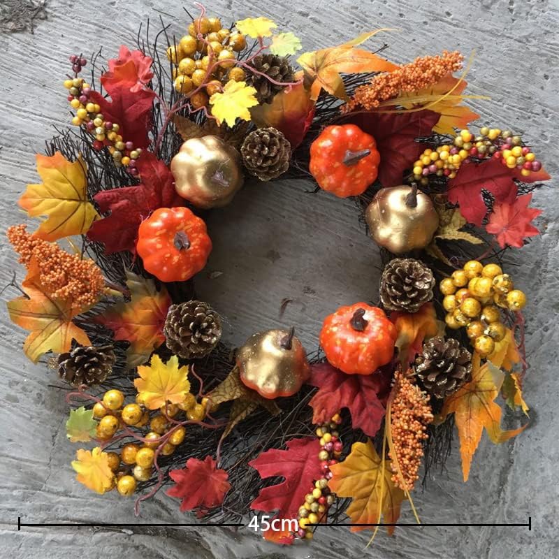 Artificial Front Door Wreath, Fall Door Wreath Autumn Maple Leaf Pumpkin Pinecone Harvest Wreath Decoration for Halloween Thanksgiving Home Decor 40-45cm Pumpkin with pine cones