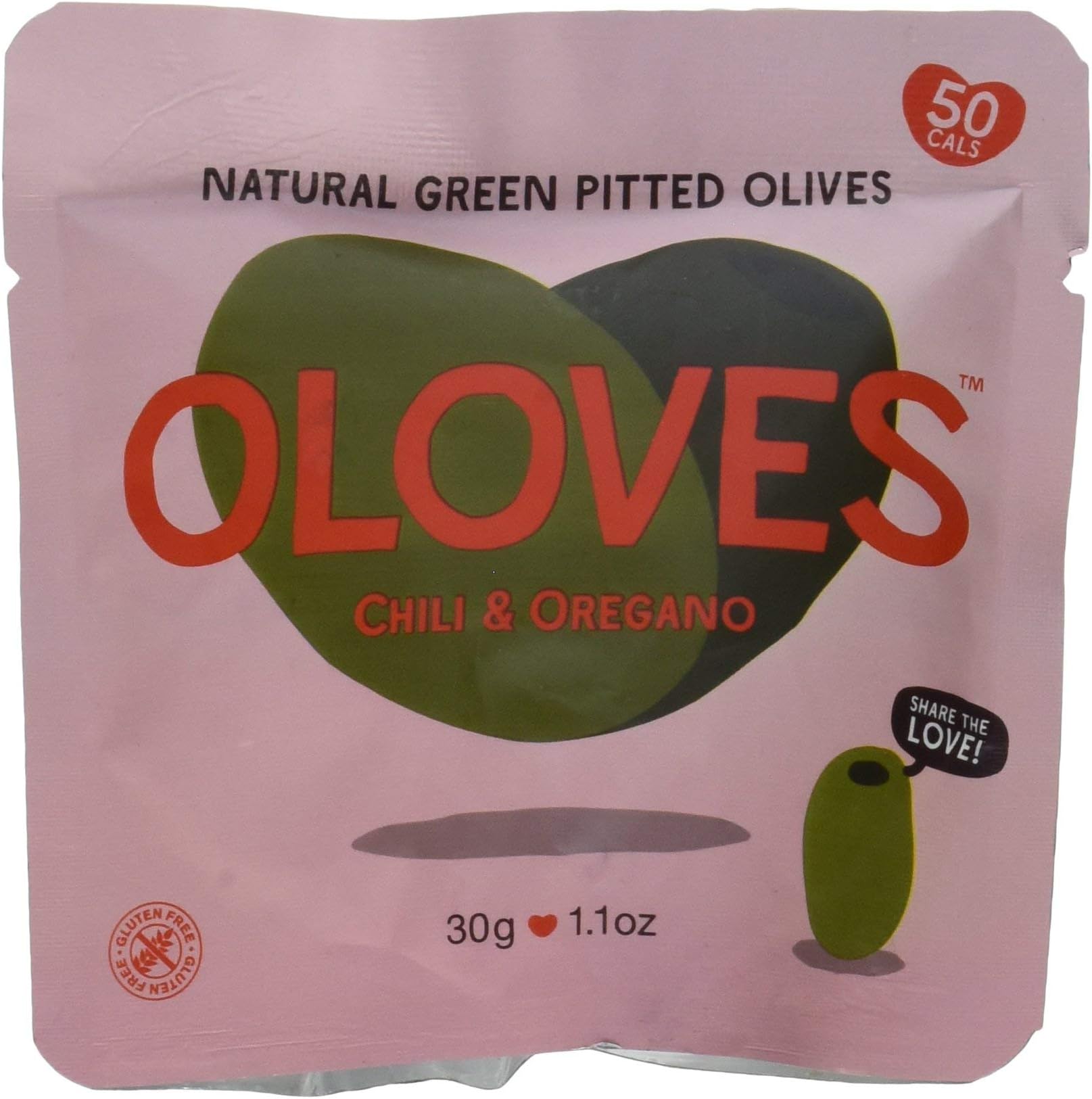 OlovesChili & Oregano | Fresh Green Pitted Olives | All Natural | Healthy Snack | Vegan | Gluten Free | Kosher | Low Cal | 20 Pack (1.1oz Bags)