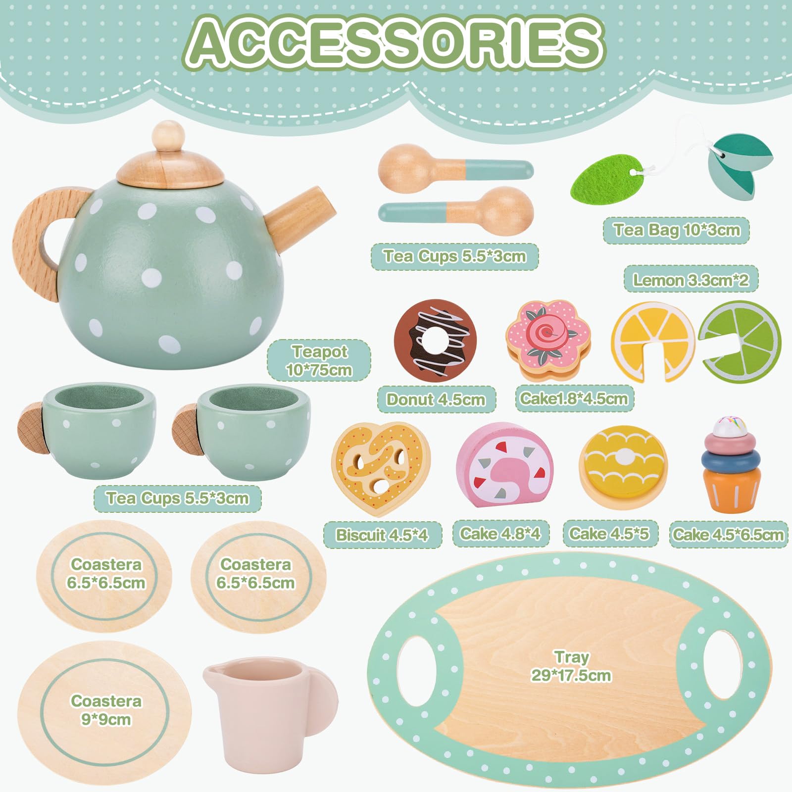Juego De Té De Madera Para Niñas - Con Tetera, Tazas, Postres Y Accesorios, Ideal Para Juego De Rol A Partir De 3 Años