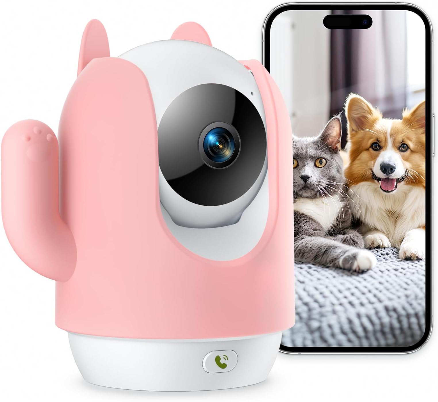 Pet Camera, 2K Indoor Security Camera, 360° Dog Cameras with Phone App, Video Monitor One-Touch Call, AI Motion Detection & Tracking, IR Night Vision, Cloud/SD Card Storage, 2.4GHz Wi-Fi, Pink