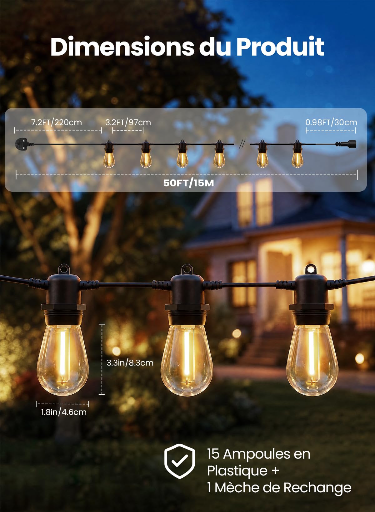 Bomcosy 15M Guirlande Lumineuse Extérieure S14, Incassable & Raccordable IP65, Blanc Chaud 2700K, pour Terrasse Jardin Guinguette