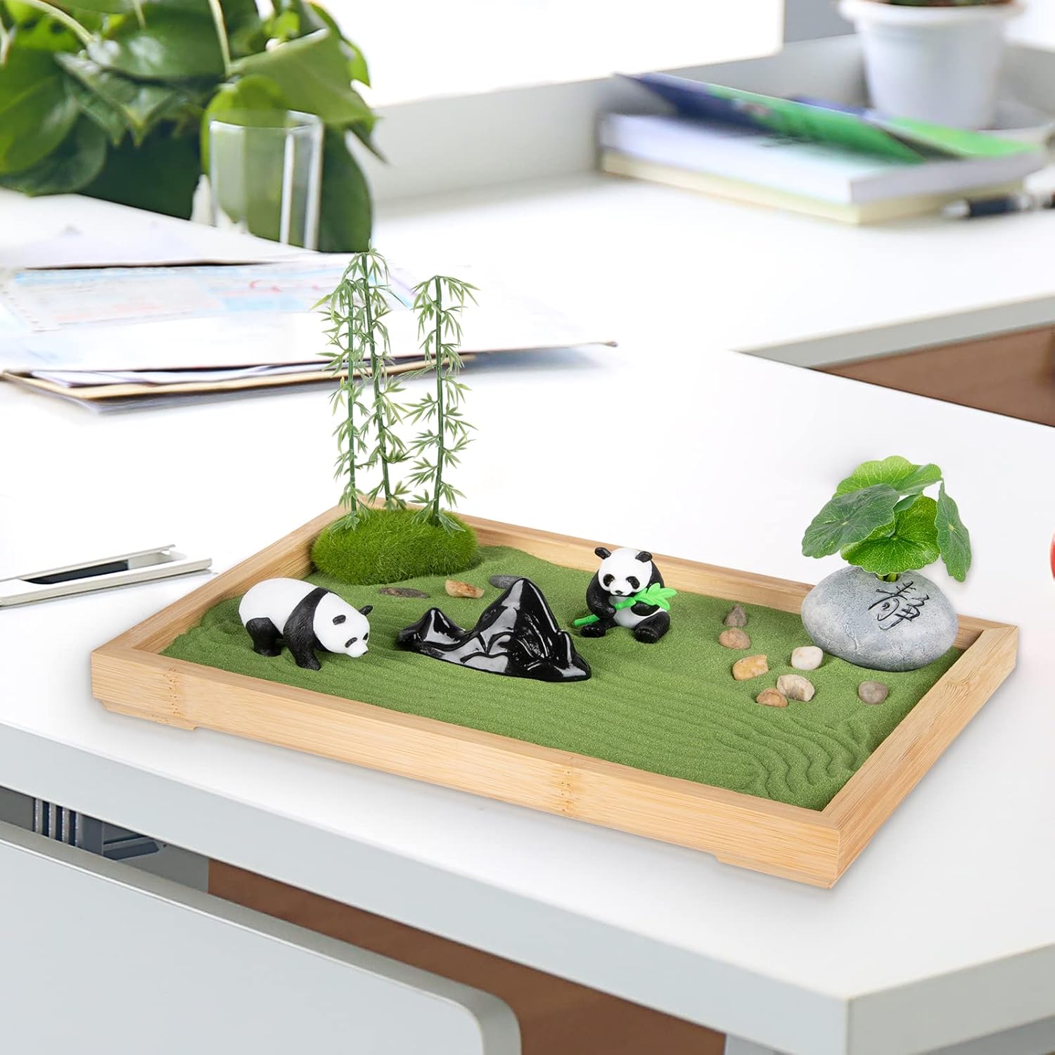 Zen Garden Kit for Desk 11''x7.5'' Room Decor with Green Sand, Panda Decorative Ornaments, Haystack, Ceramic Mountain, Stones and Rakes (Panda Bamboo)