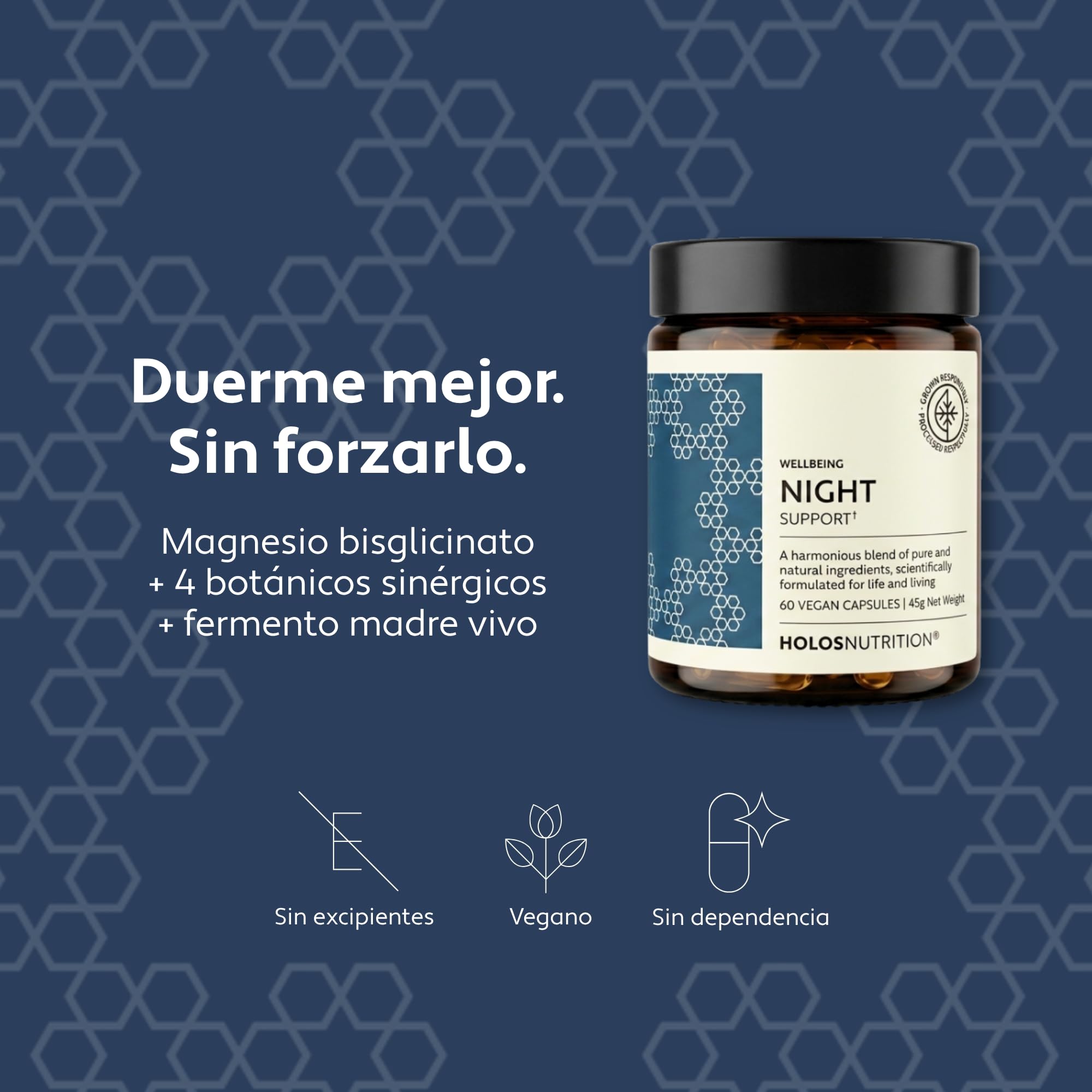 Night Support | Suplemento Natural para Dormir con Magnesio, Melisa, Lúpulo y Manzanilla | Relájate y Descansa de Verdad | 60 Cápsulas Veganas