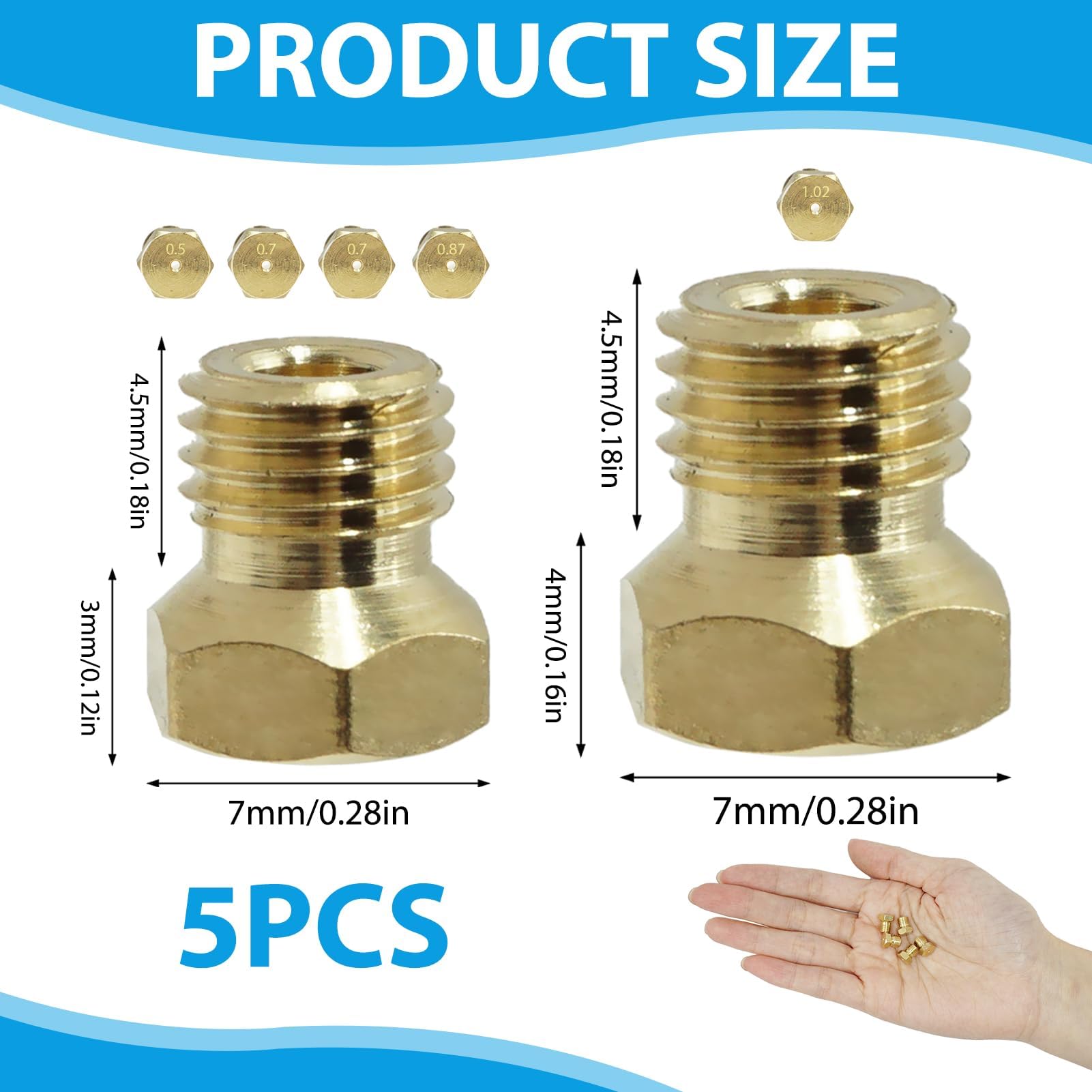 Gicleur Gaz Butane Universel Kit 5 Gicleurs Gaz Butane Universels - 0.5/0.7/0.87/1.02mm - Pour Cuisinière & Plaque Gaz Injecteurs Cuisinière Universels