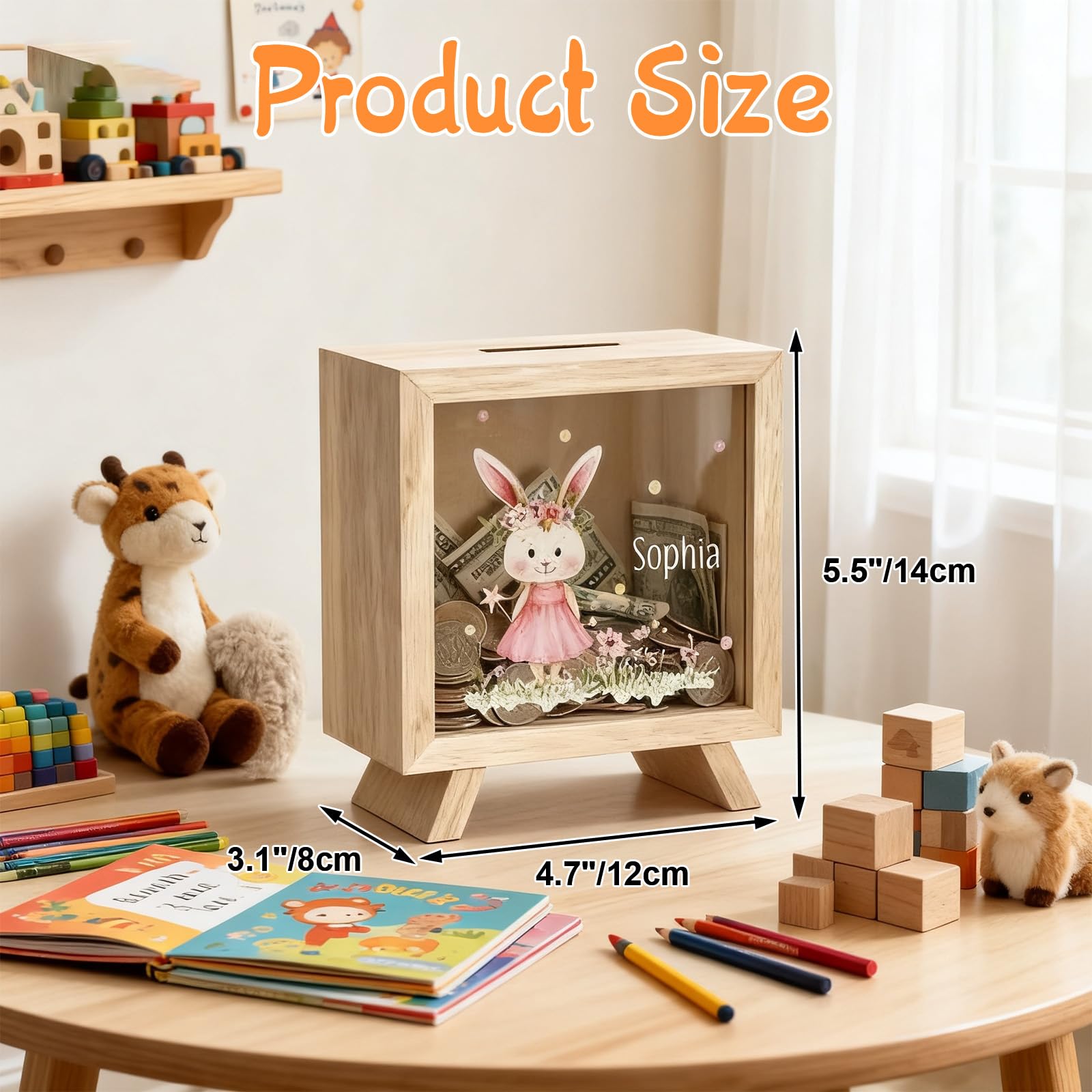 Personalisierte Holz-Sparschwein für Kinder,mit Blumen-Tieren (Hase, Bär),durchsichtige Box mit Name,Deko fürs Kinderzimmer,Geschenke zum 1.Geburtstag,Baby-Shower,Weihnachten,Ostern für Mädchen