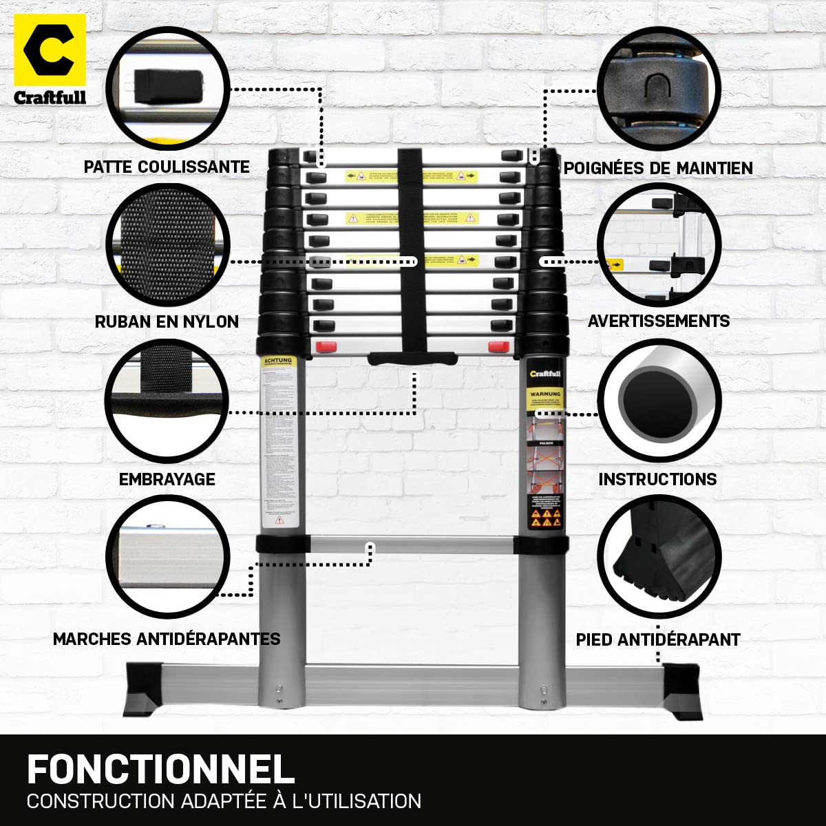 𝐂𝐑𝐀𝐅𝐓𝐅𝐔𝐋𝐋 Échelle télescopique Aluminium CF-101B | 3 Ans Garantie - Anti-pincement - escabeau - échelle autoportante - coulissante - d’Appui (2,6 m Soft-Close)