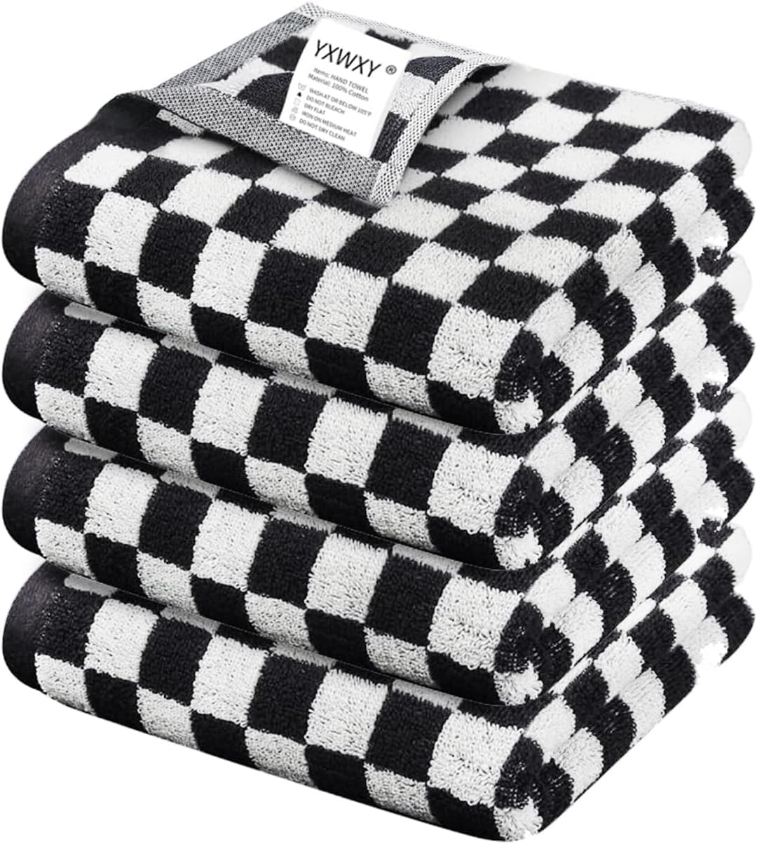 Hand Towels for Bathroom 4 Pack, Cotton Soft Absorbent Kitchen Checkered Hand Towels Decorative Set, Cute Black and White Bath Towels 13 X 29 Inches