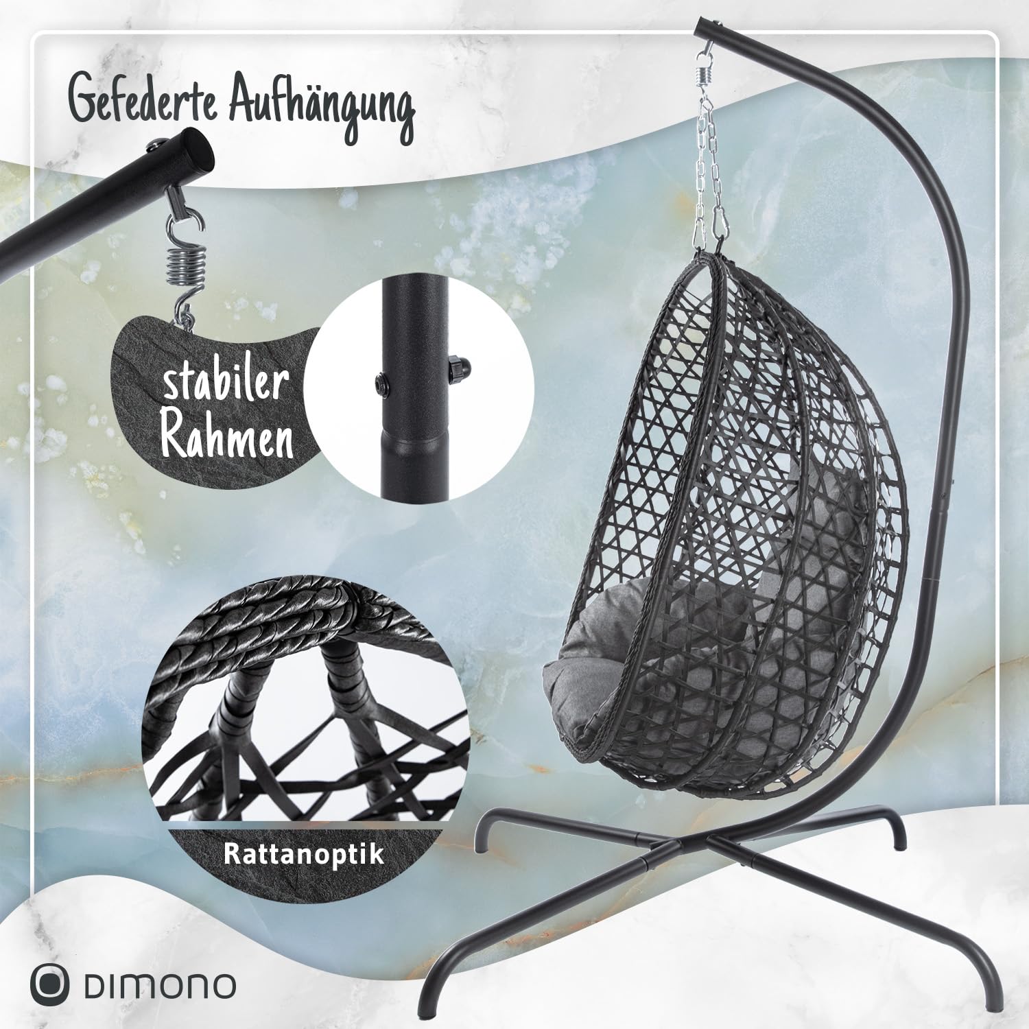 Hängesessel mit Gestell; Hängekorb Sessel; Schwebeliege Rattan Outdoor & Indoor Relax-Stuhl; Egg Schaukel ideal für Garten, Terasse, Kinderzimmer, Leseecke UVM. 120kg Tragkraft (Grau)
