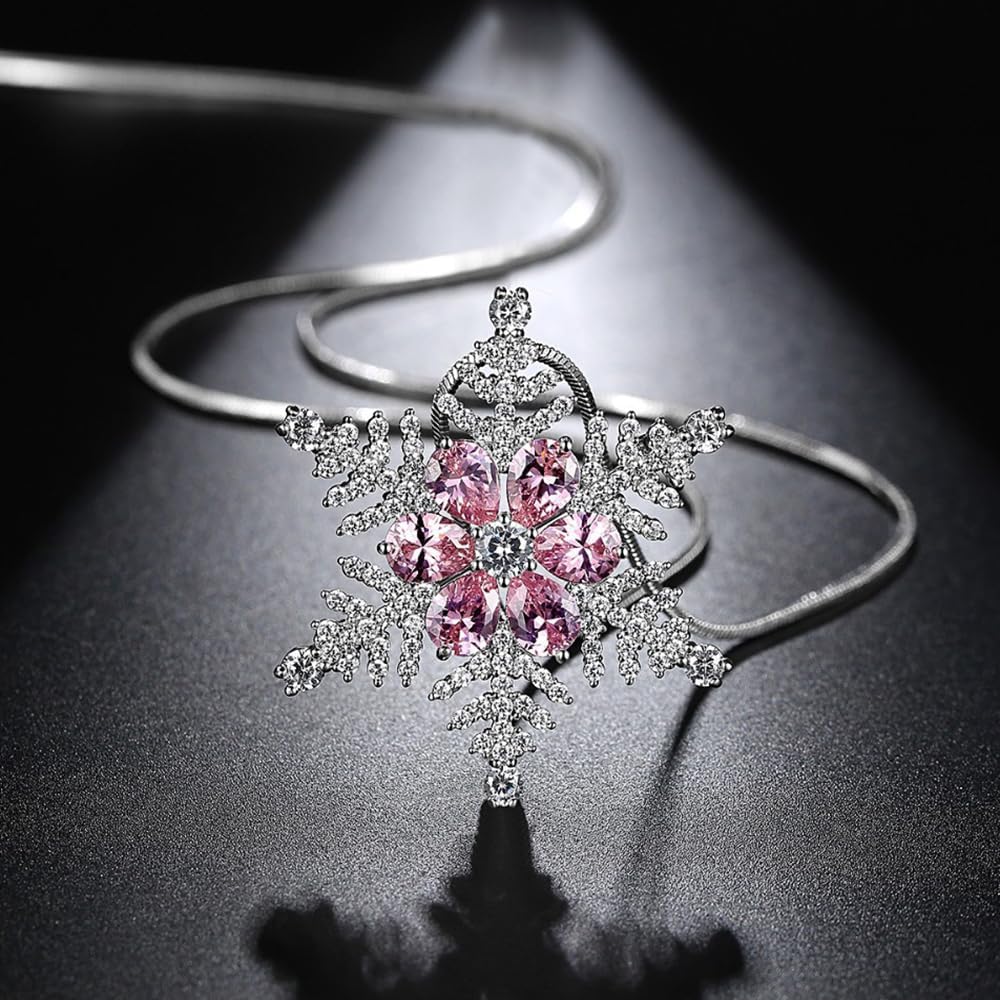 14K Gold Snowflake Pendant Necklace, Pink Moissanite Necklace for Women