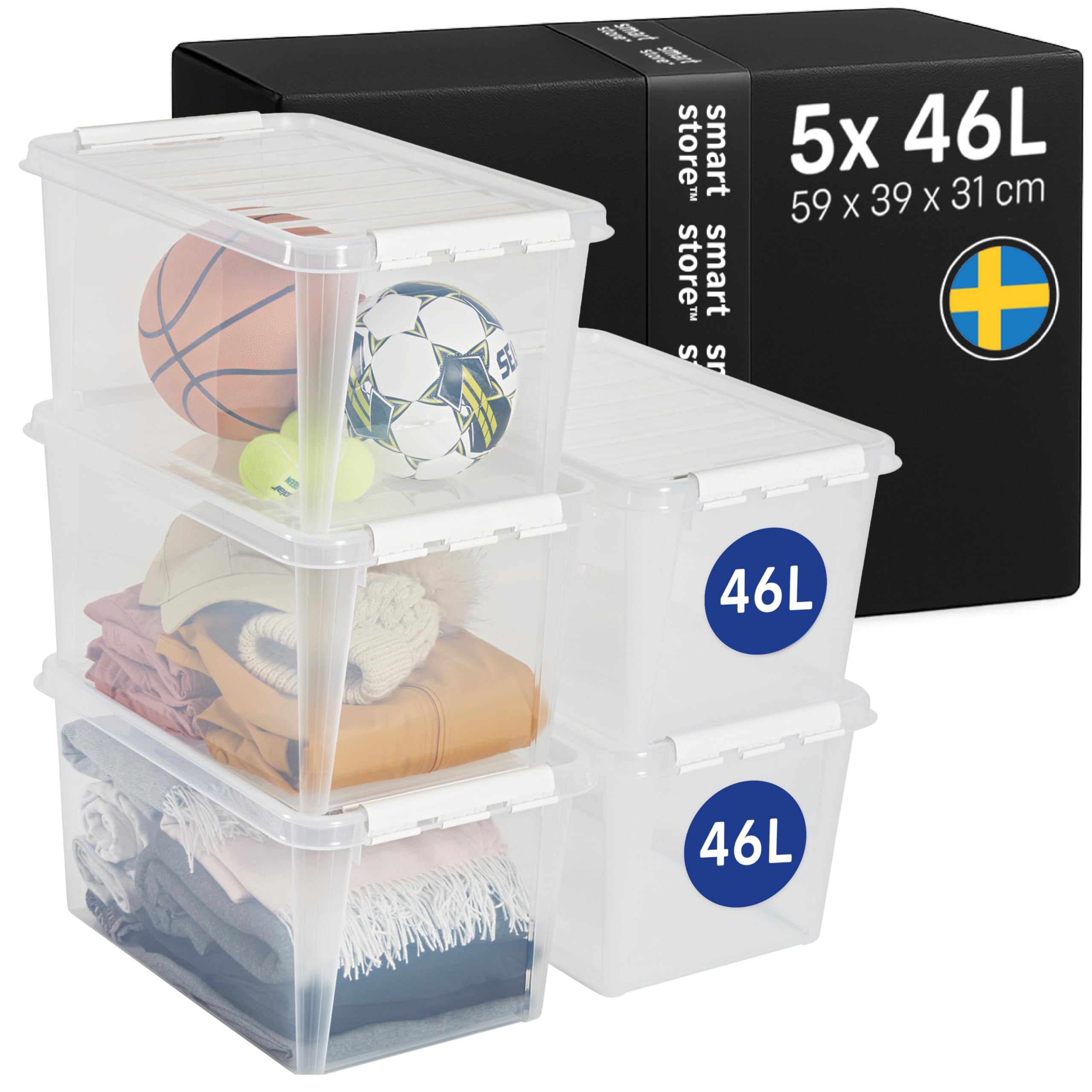 SmartStore Aufbewahrungsboxen 5er-Set 46L I Stapelbare Kunststoffbox mit Deckel I BPA-frei & lebensmittelecht I Organizer für Campingbus, Werkstatt oder Garage I durchsichtig und mit Clipverschluss