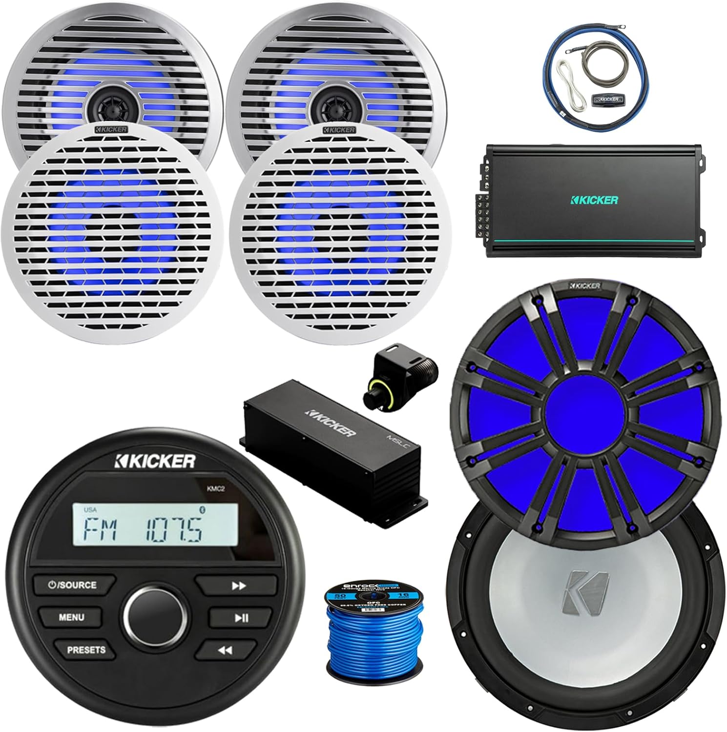 Kicker 46KMC2 Marine Gauge Style BT Receiver, 6.5" 130W Multicolor LED Speakers (Qty 4), White + Silver Grilles, Amp w/Kit, 10" Subwoofer, 10" Multicolor LED Grille (Charcoal), Wired Controller w/Wire
