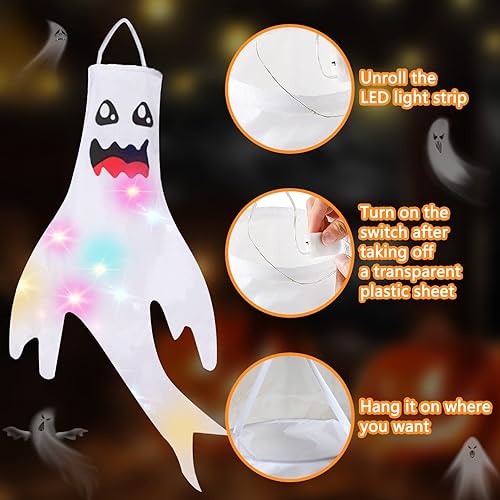 Miniatura 3 de Dokeawo 2 piezas de decoración de Halloween, calcetines de viento fantasma de 47 pulgadas, decoración de Halloween colgante con luz LED para