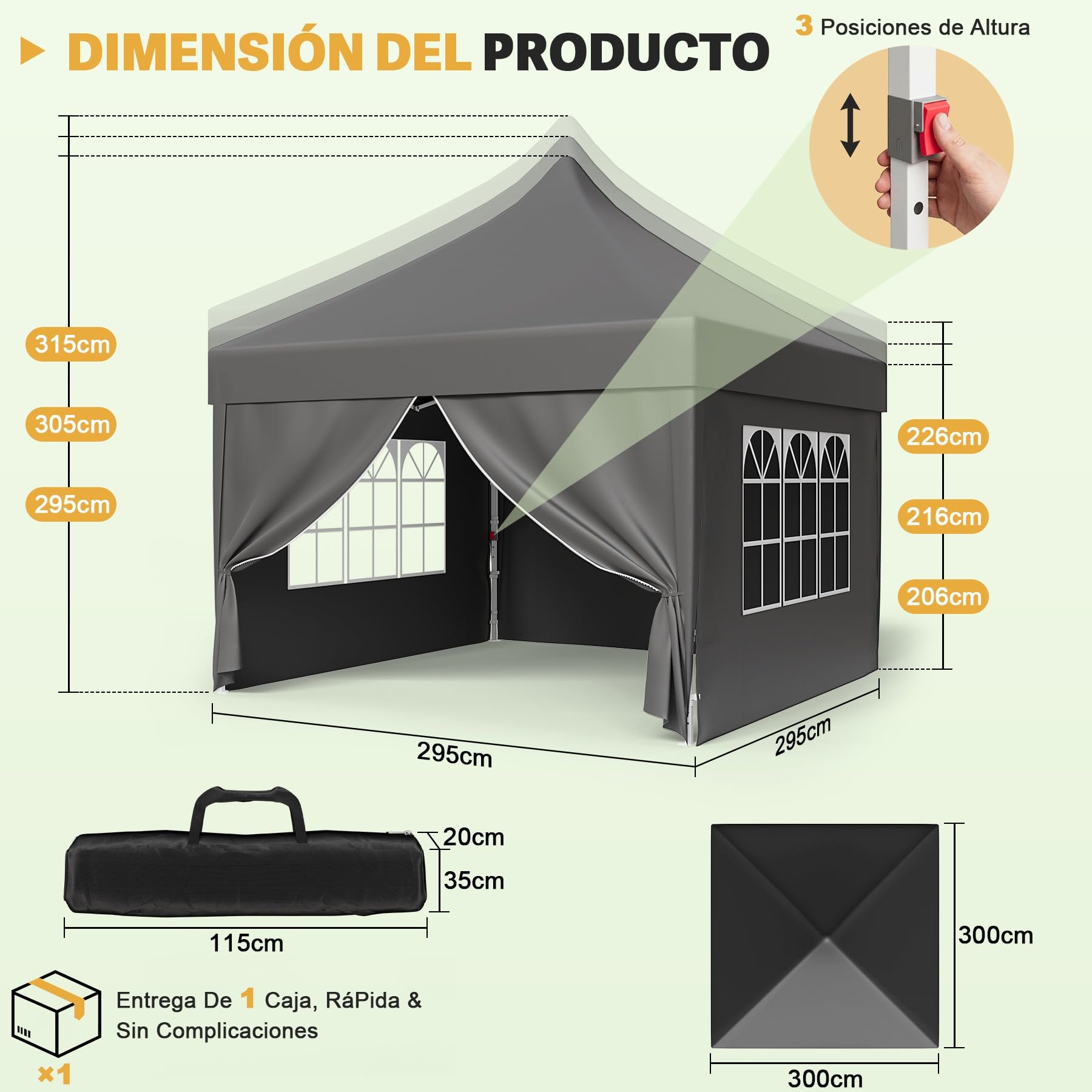 DEVOKO Carpa Plegable 3x3 Playa, Carpa Exteriores Plegables, Tenda Campismo | Techo alto 3.15m, de pie. Forma cónica antiviento. Lona 210D UV50+. Estructura reforzada. Ventilación por chimenea