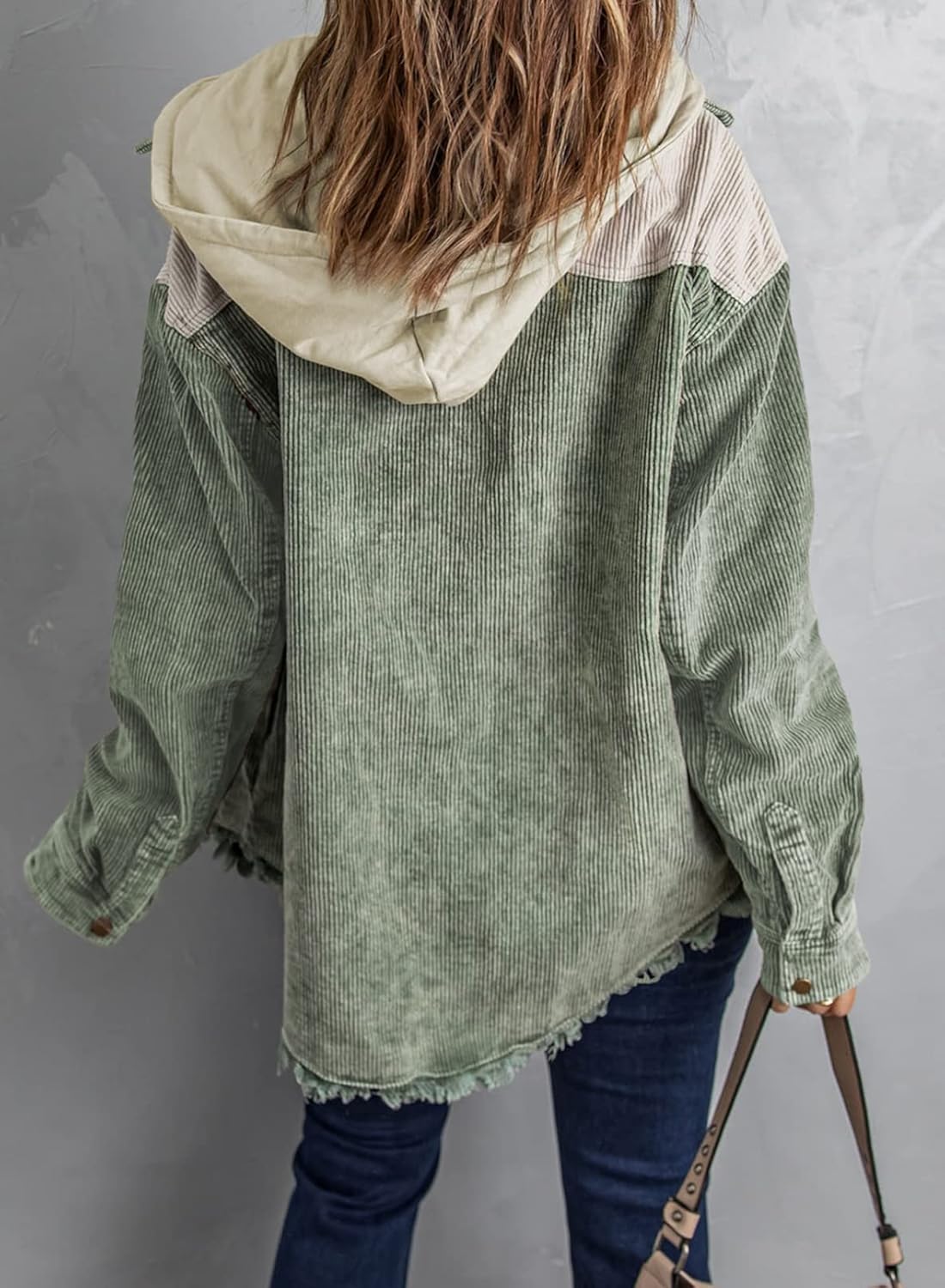 Dokotoo Womens 2025 Fall Corduroy Shacket Jacket Long Sleeve Button Down Color Block Hooded Coat with Pockets - Image 2