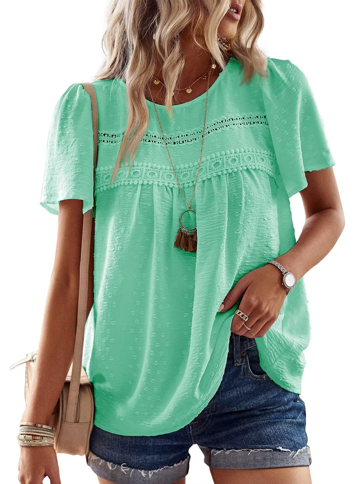 TUUHAW Top Damen Sommer Boho Bluse Kurzarm Oberteile Fließend Elegant Rundhals T Shirt Tunika Lässig Outfits Spitze Kleidung