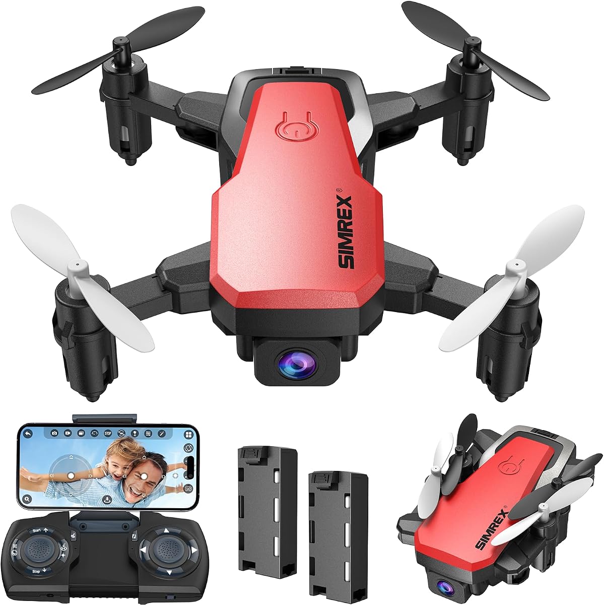 SIMREX Mini Drone with 720P Camera for Kids & Beginners - Foldable RC Quadcopter, Optical Flow Positioning, Altitude Hold, 3D Flip, 2 Batteries 20Min Flight, Safe & Easy Indoor Outdoor Flying Toy Gift, Red