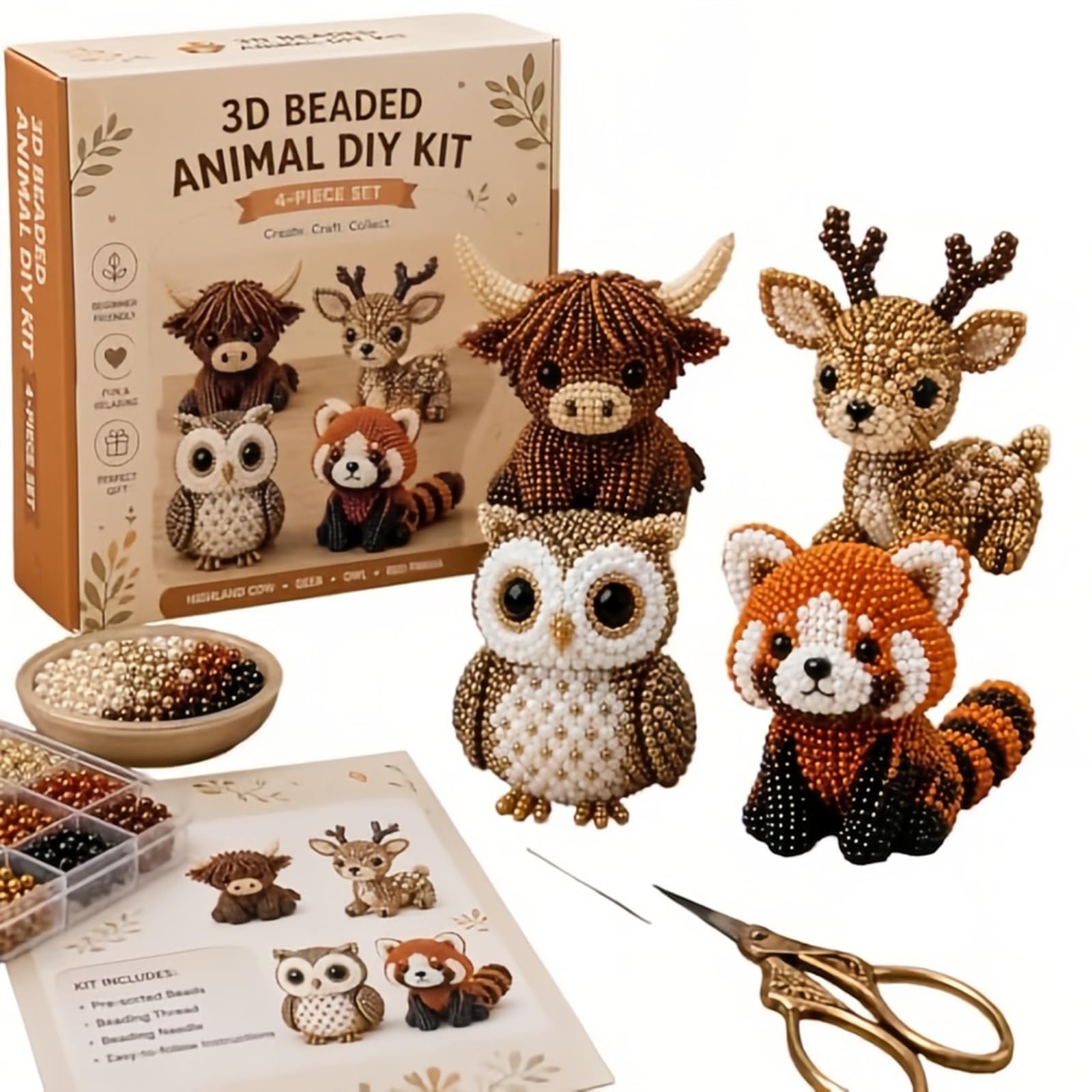 3D Beaded Animal Kit, Creative 4 Pack Easy DIY Beading Kits, Cute Birds & Animals Beading Kits for Adults, Handmade 3D Bead Animal Making Kit for Beginners, Craft Enthusiasts (Woodland)