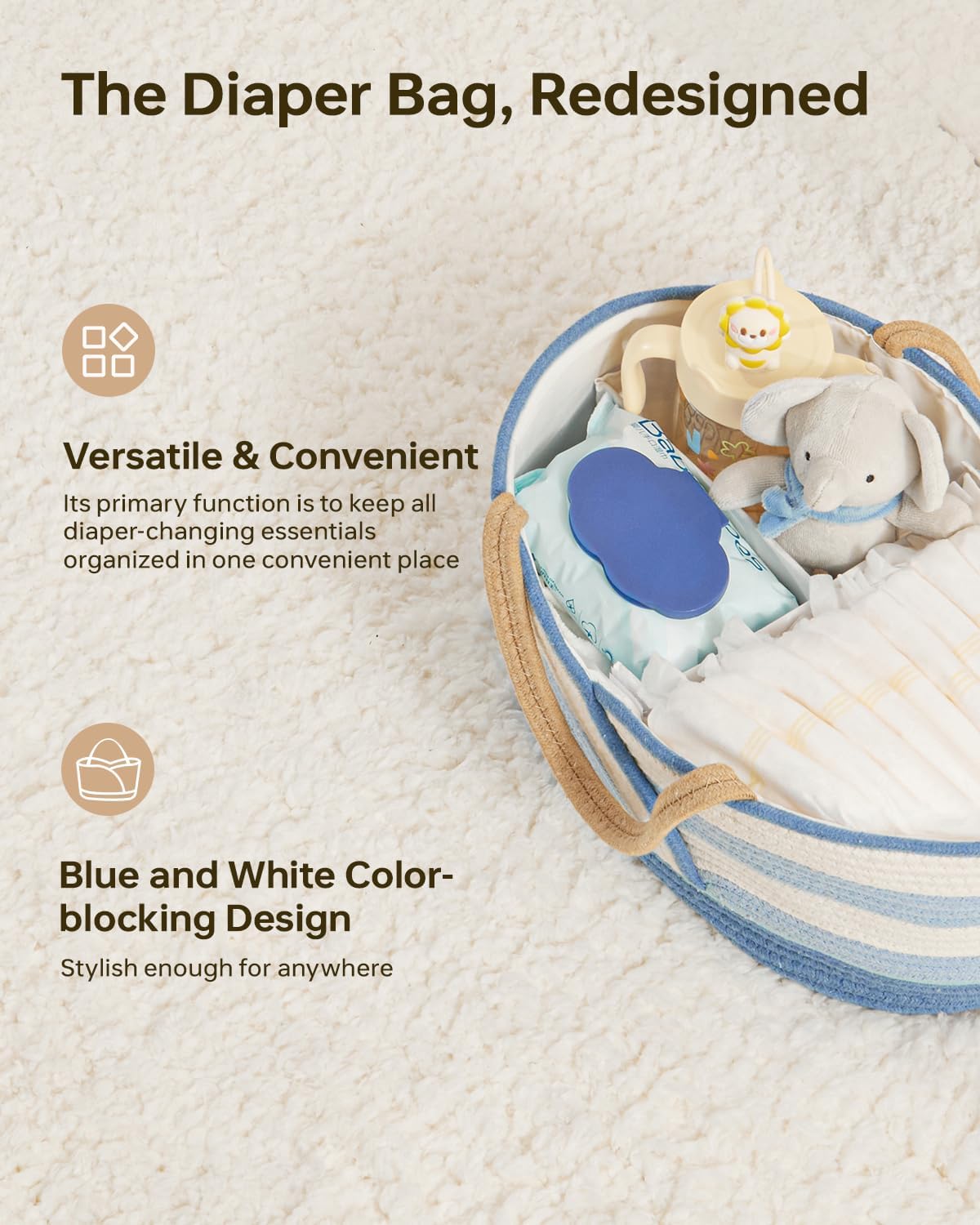 Baby Diaper Caddy Organizer - Portable Cotton Rope Diaper Caddy Basket for Nursery, Gift for Baby Shower List, Storage for Diapers, Wipes, Toys & Newborn Essentials (Blue/White)
