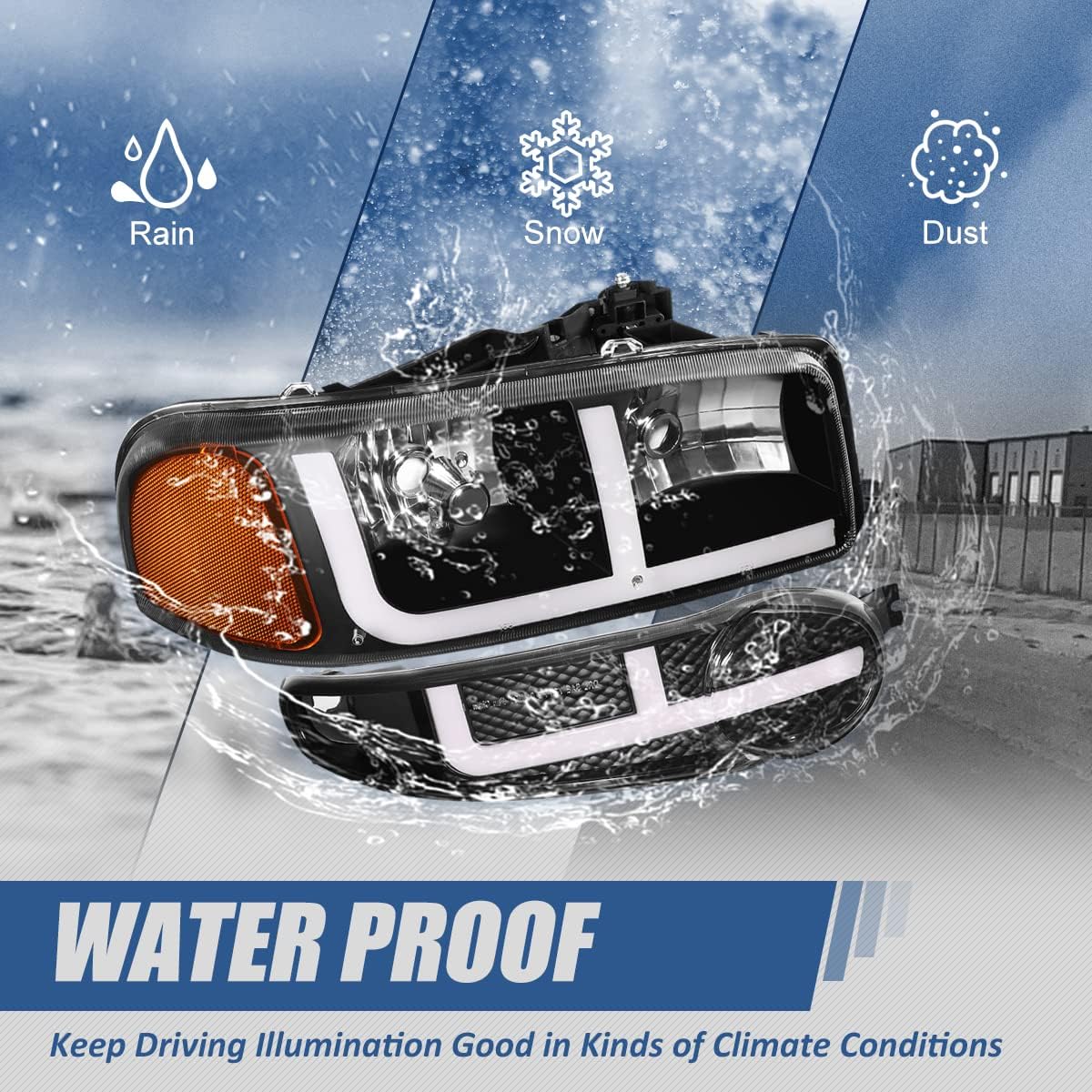 Auto Dynasty 4PCS Switchback LED DRL Headlights and Bumper Lamps Compatible with GMC Sierra C3 Yukon XL 1500 Denali 2001-2007, Driver and Passenger Side, Black Housing Amber Corner