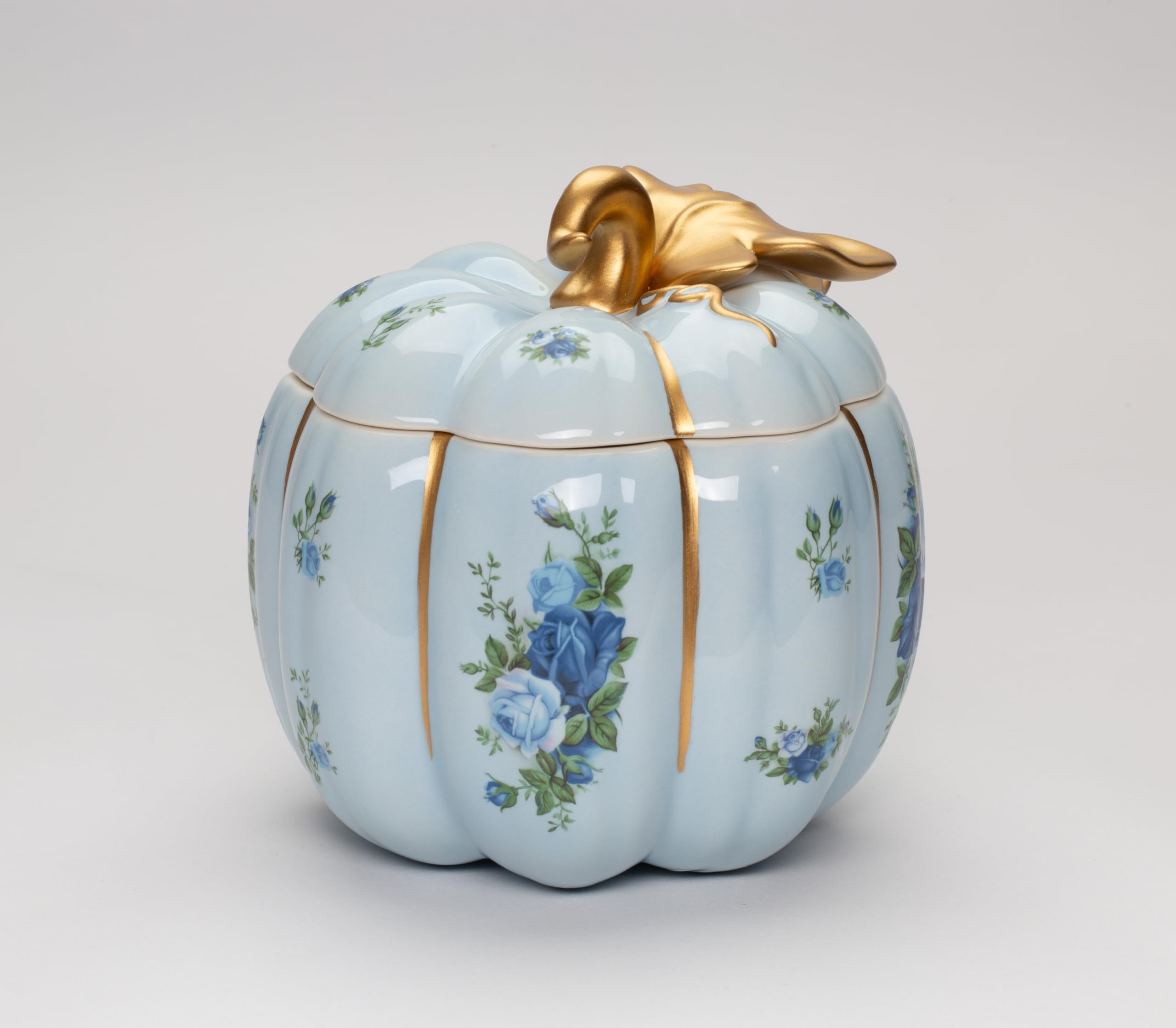 Cosmos Gifts Fine Ceramic Thanksgiving Harvest Victorian Rose Blue Pumpkin Cookie Candy Jar, 6-5/8