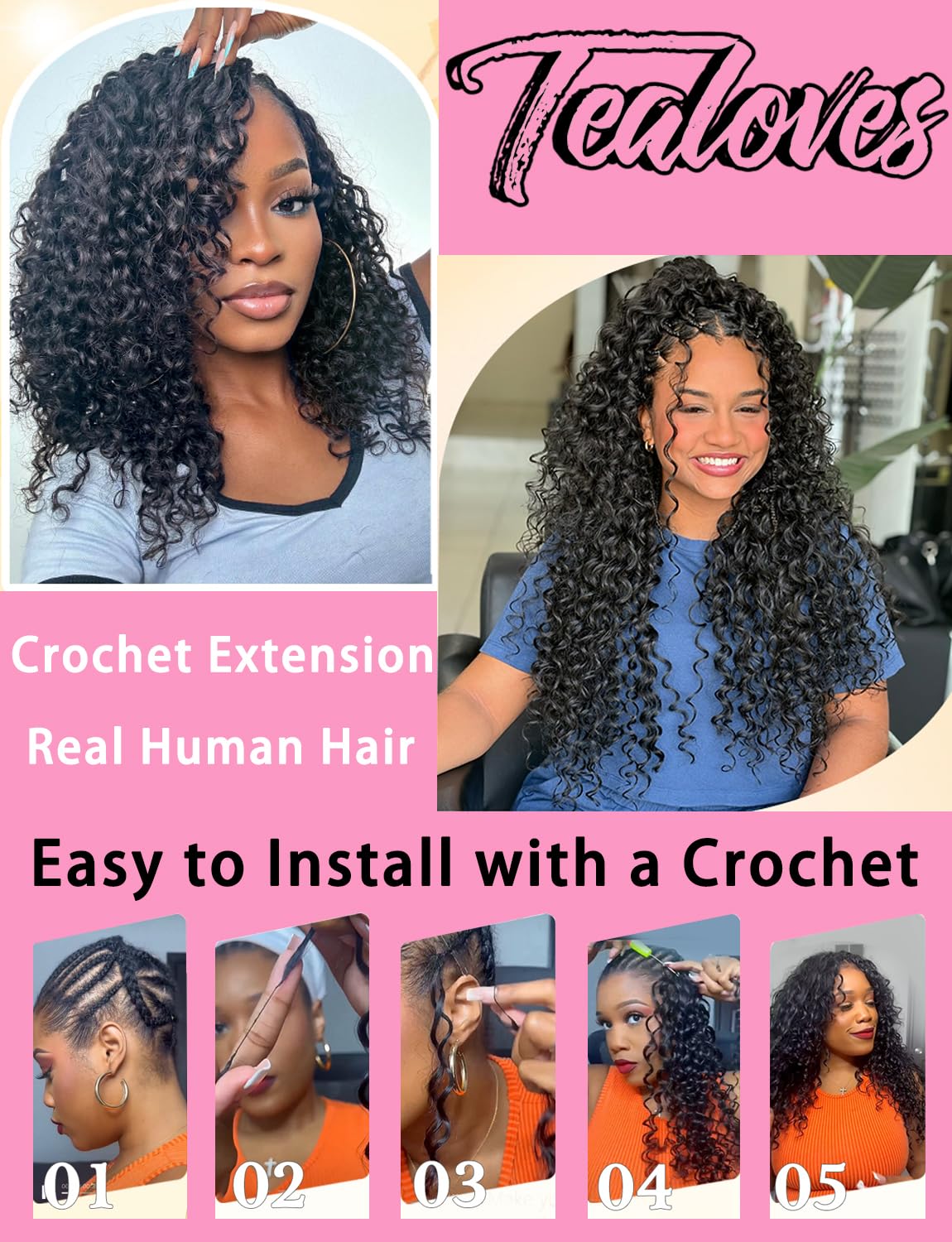 Human Crochet Hair Curly 18inch 120g Crochet Human Hair Pre Looped Deep Wave Crochet Bundle Pre-Separated Feather Knotless Invisible Curly Crochet Hair for Black Women 1B