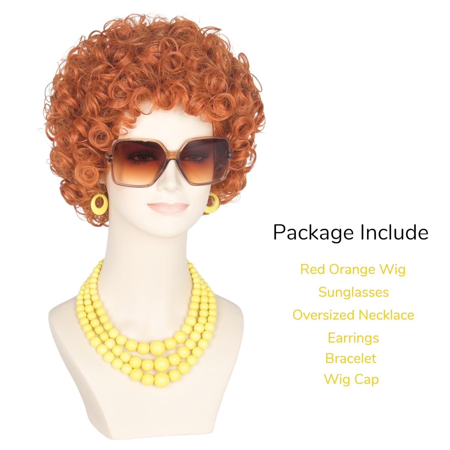 Yan Dream Women Short Curly Red Brown Wig and Glasses Yellow Oversized Jewelry Set Party Cosplay Wig - Image 2