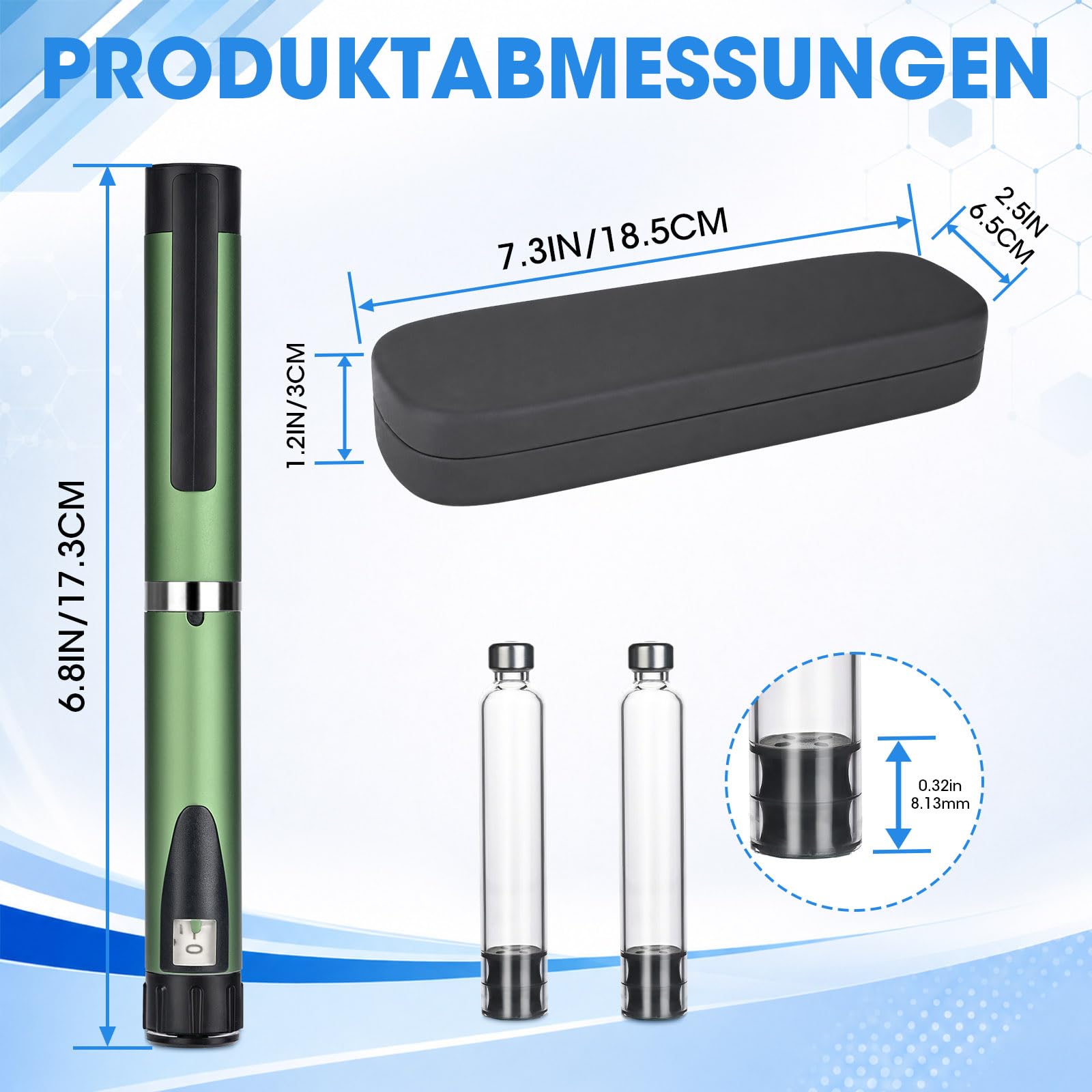 Pluma de insulina reutilizable, dial ajustable compatible, pluma portátil de 60 unidades con cartuchos de 3 ml, para uso diario y uso a largo plazo (verde)
