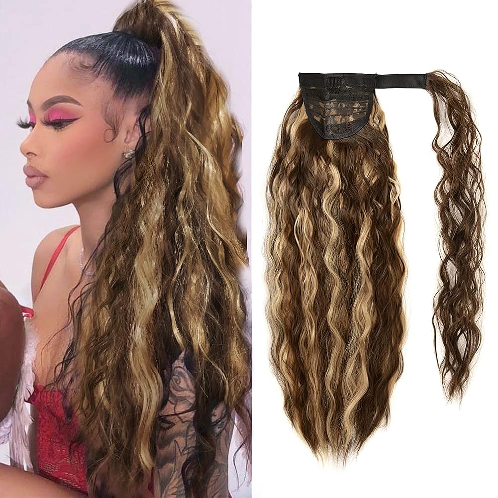 Corn Wave Ponytail Extension Clip in - 22 Inch Long Wavy Curly Wrap Around Pony Tail Heat Resistant Synthetic Hairpiece for Women (Brown Mixed Blonde 8H27)