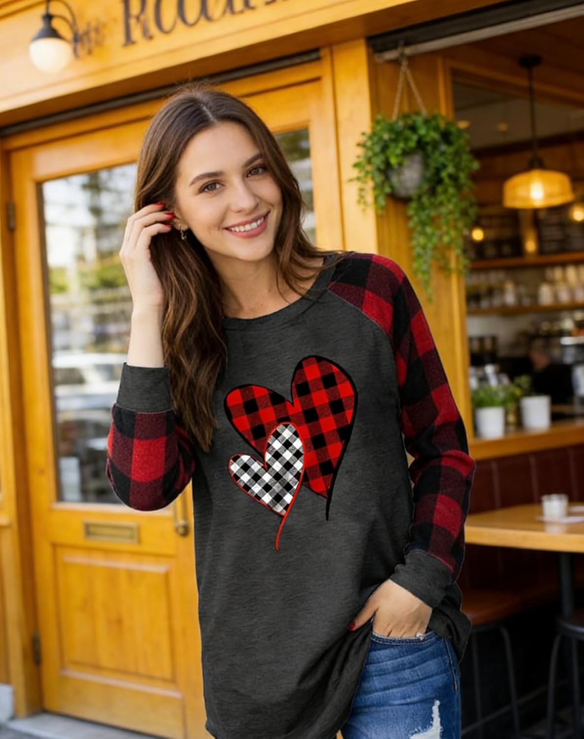 Valentines Shirts Women Buffalo Plaid Love Heart Graphic Tees Letter Print Long Sleeve Tops Shirts Valentines Gift - Image 4