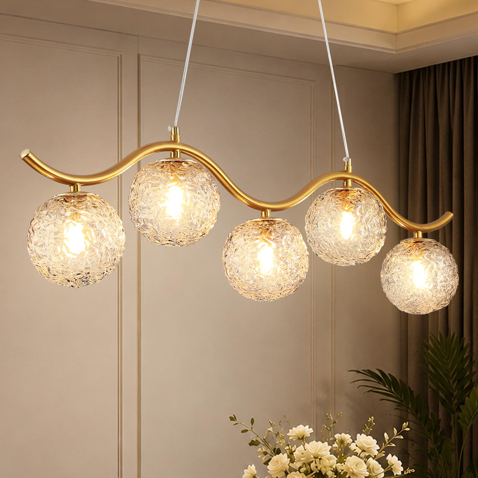 Modern Linear Globe Chandelier,Gold 5-Lights Mid Century Linear Chandelier for Dining Room Clear Glass Shade Light Fixture for Kitchen Island Living Room